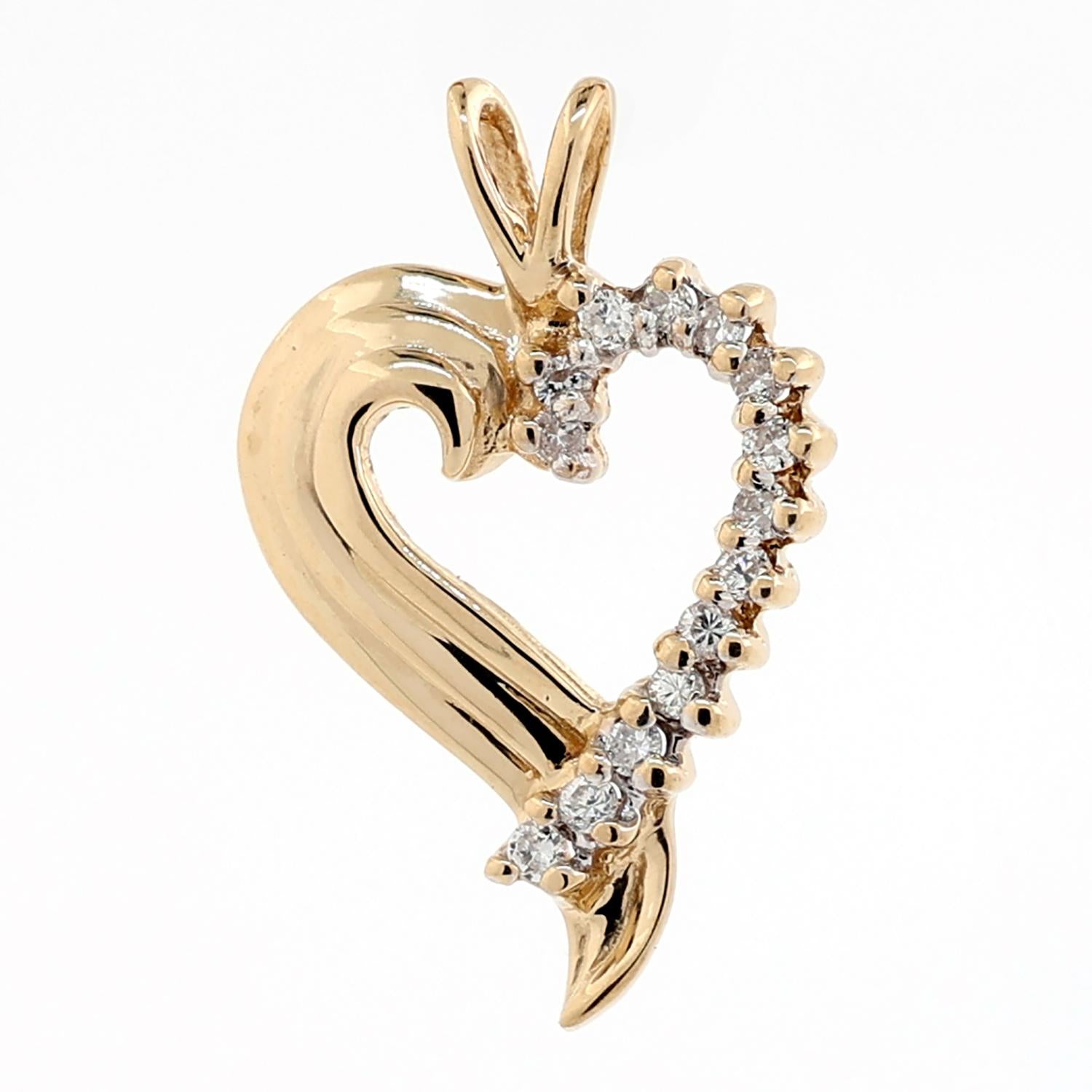 Diamond Open Heart Pendant 14K Yellow Gold 0.15 TW 0.95" Ladies Estate