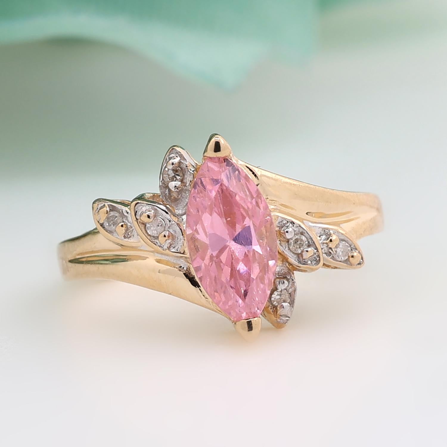 Pink Marquise CZ Gemstone Diamond Ring 10K Yellow Gold  Size 5.75 Ladies