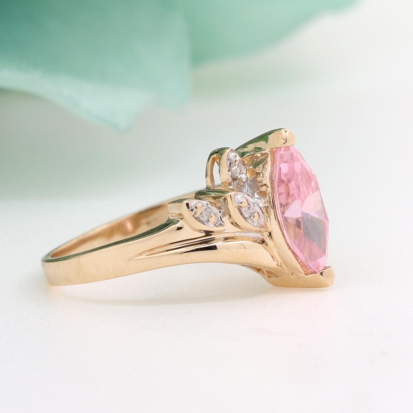 Pink Marquise CZ Gemstone Diamond Ring 10K Yellow Gold  Size 5.75 Ladies