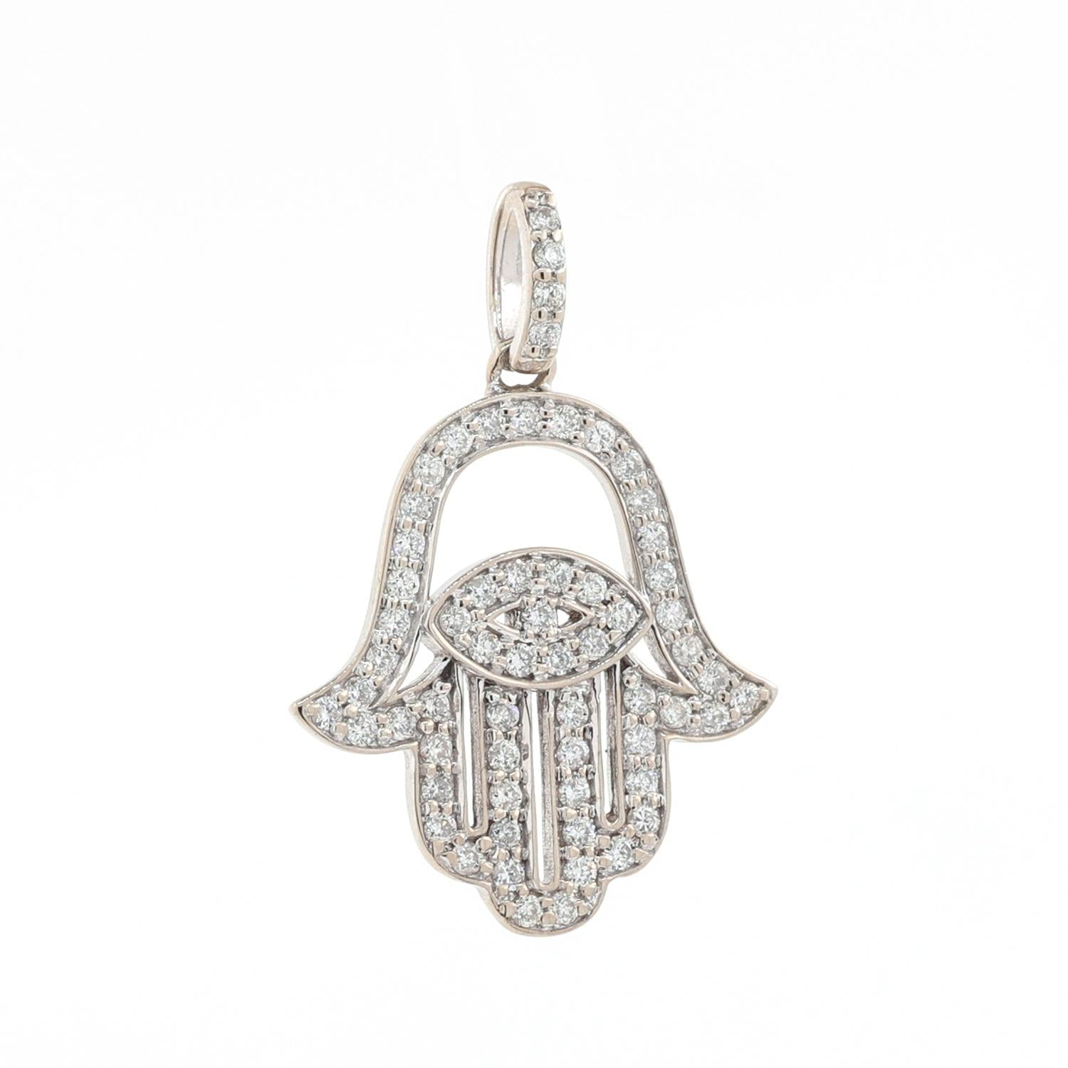 Religious Diamond Hamsa Pendant Charm 14K White Gold Size 0.60 TW 1.05" Unisex