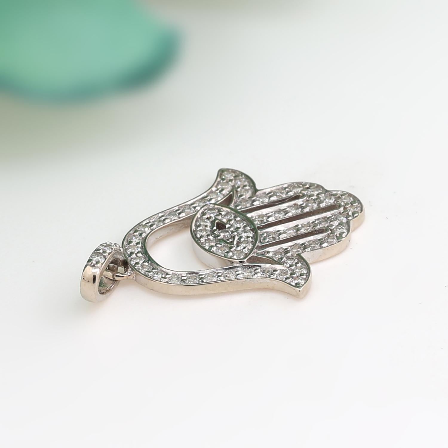 Religious Diamond Hamsa Pendant Charm 14K White Gold Size 0.60 TW 1.05" Unisex