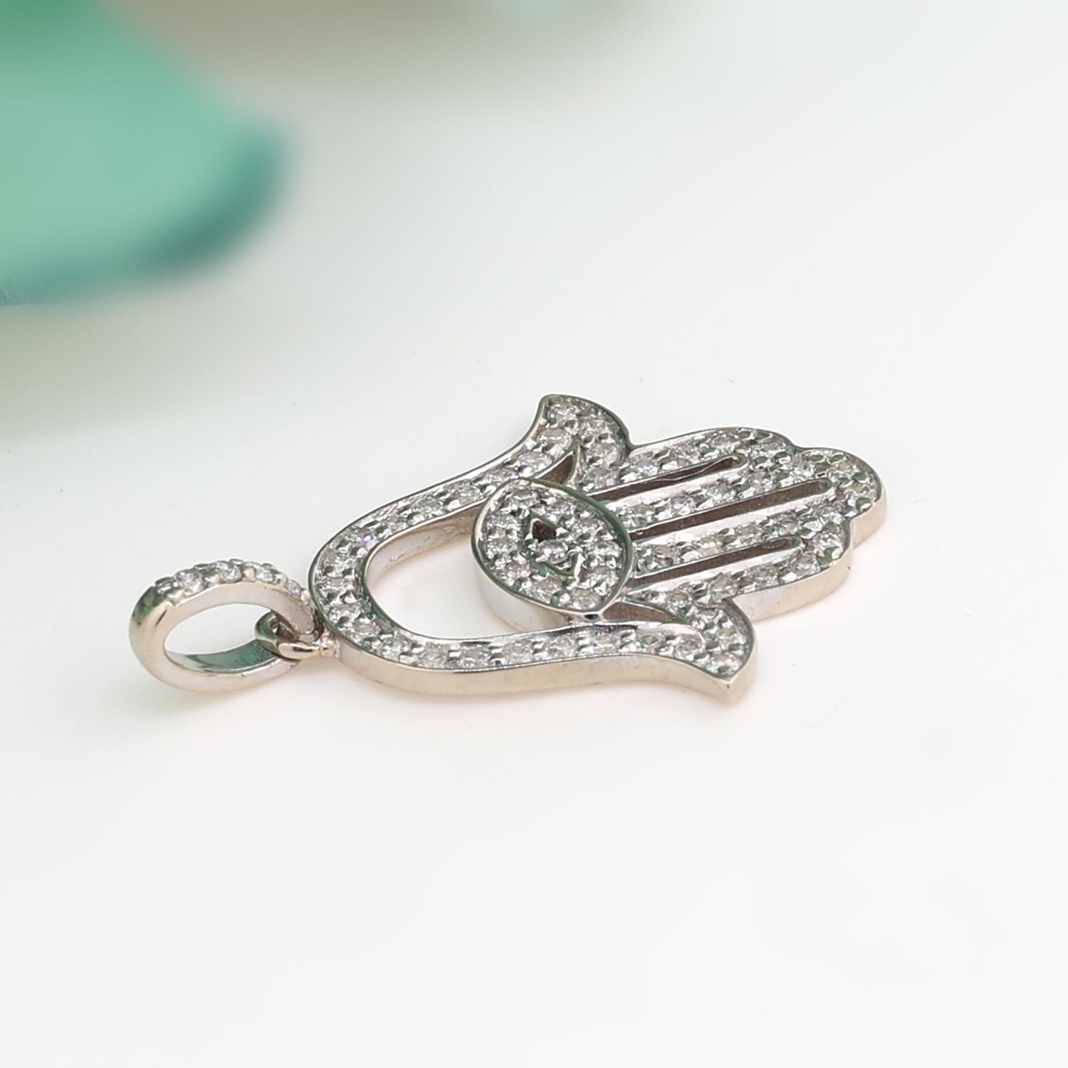 Religious Diamond Hamsa Pendant Charm 14K White Gold Size 0.60 TW 1.05" Unisex