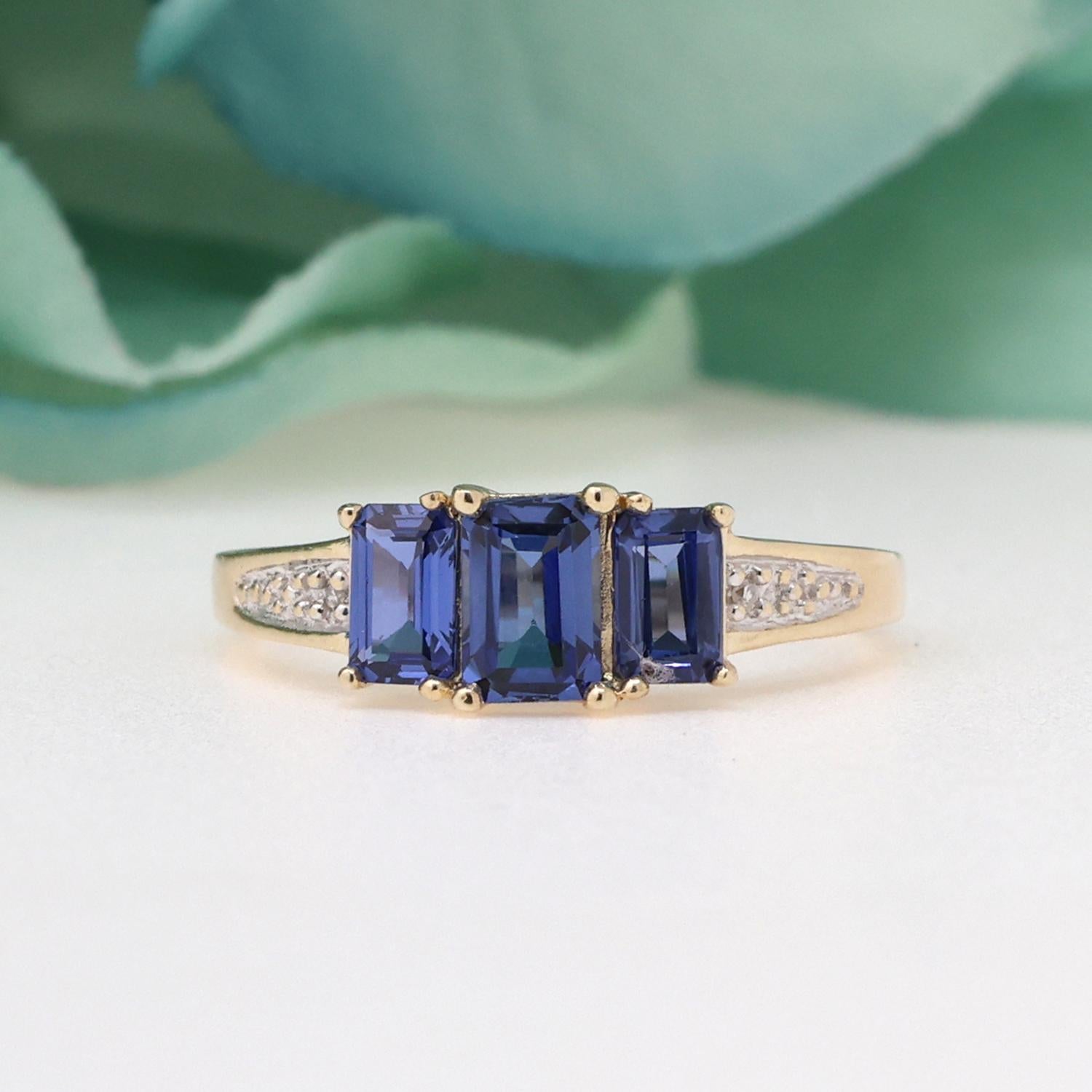 3-Stone Baguette Cut Blue Sapphire Diamond Accent Ring 10K Yellow Gold Size 6.75