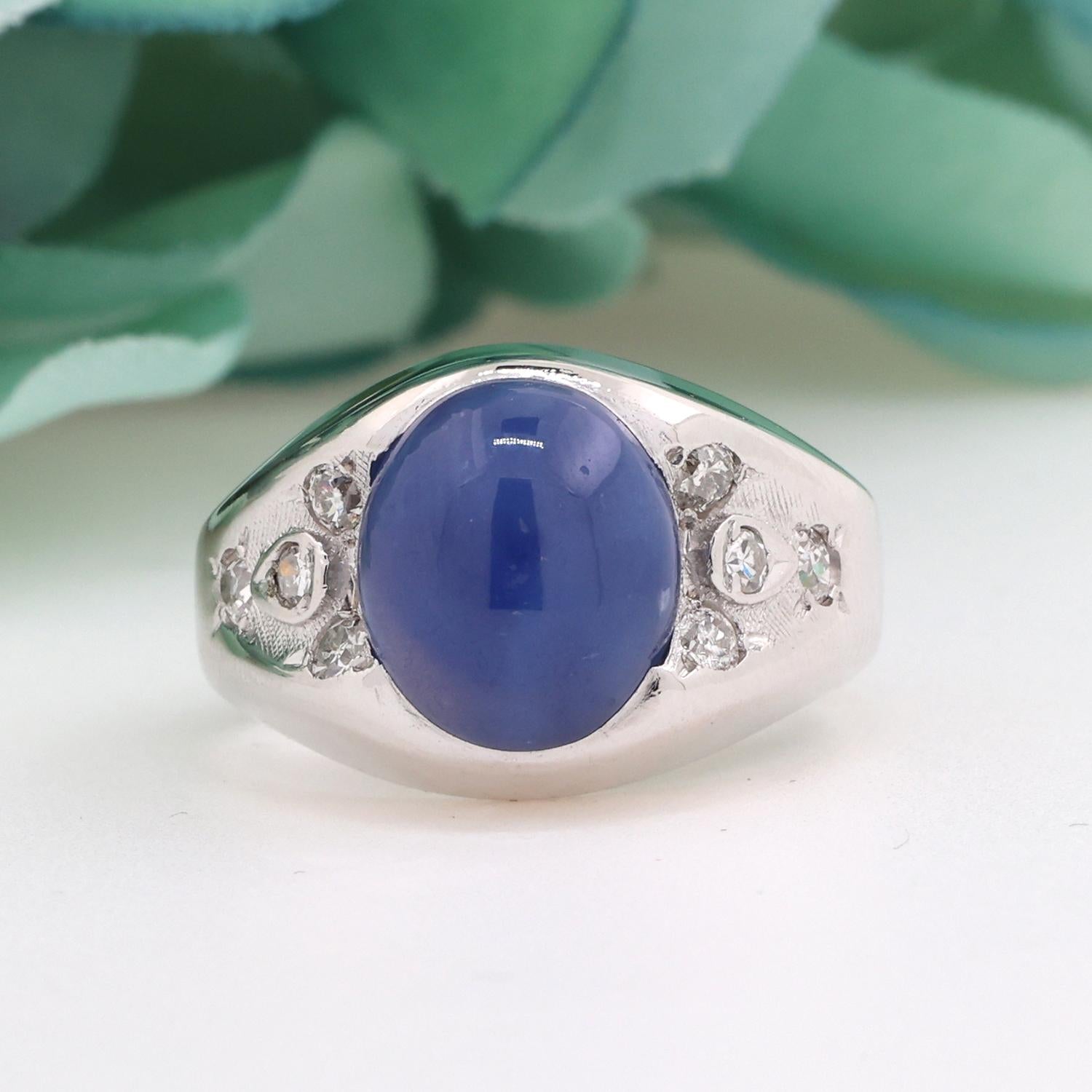 Blue Star Sapphire Diamond Ring 14K White Gold 5.74 CTW Cabochon Gem Size 9