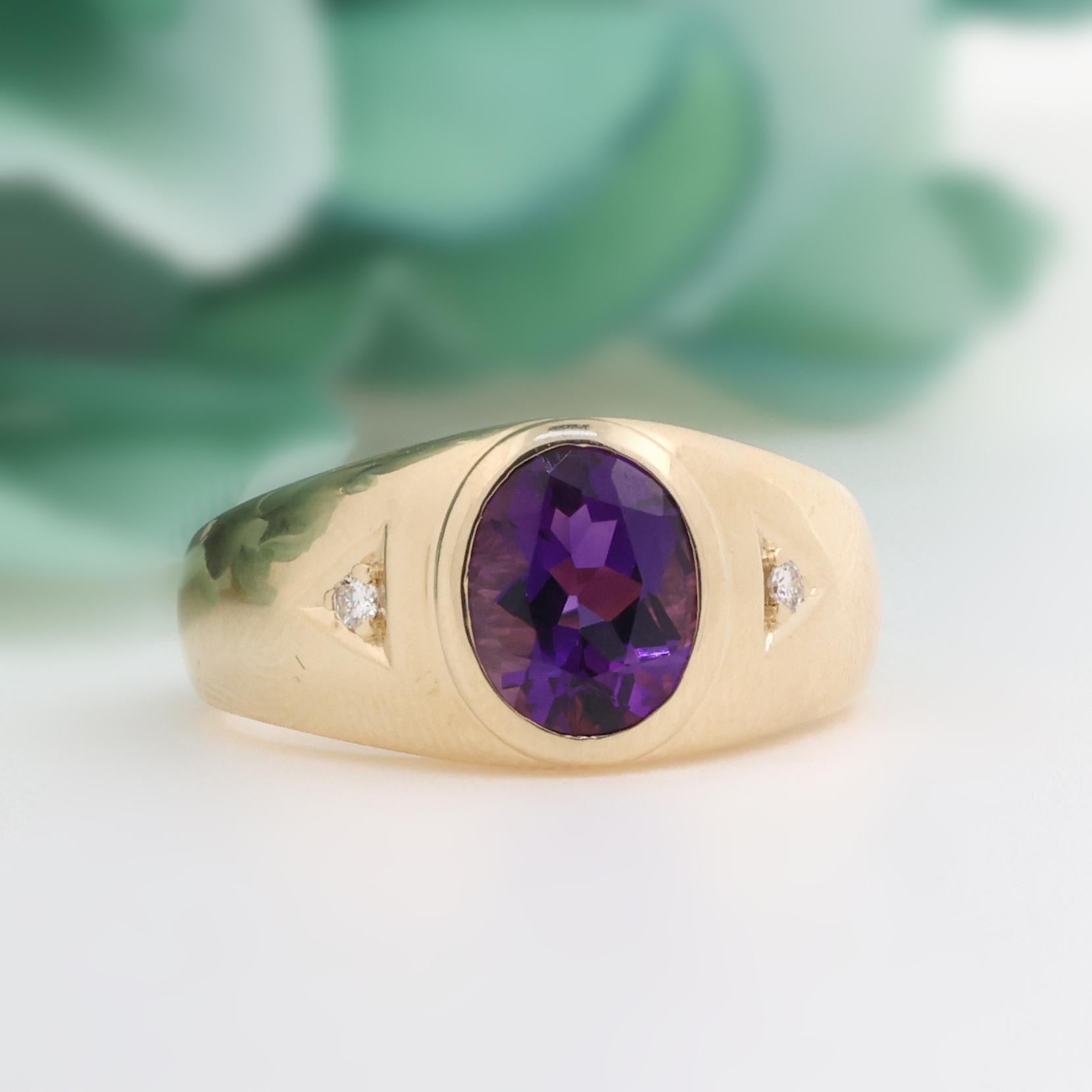 Oval Amethyst Diamond Dome Ring 14K Yellow Gold 2.46 CTW Size 10.5