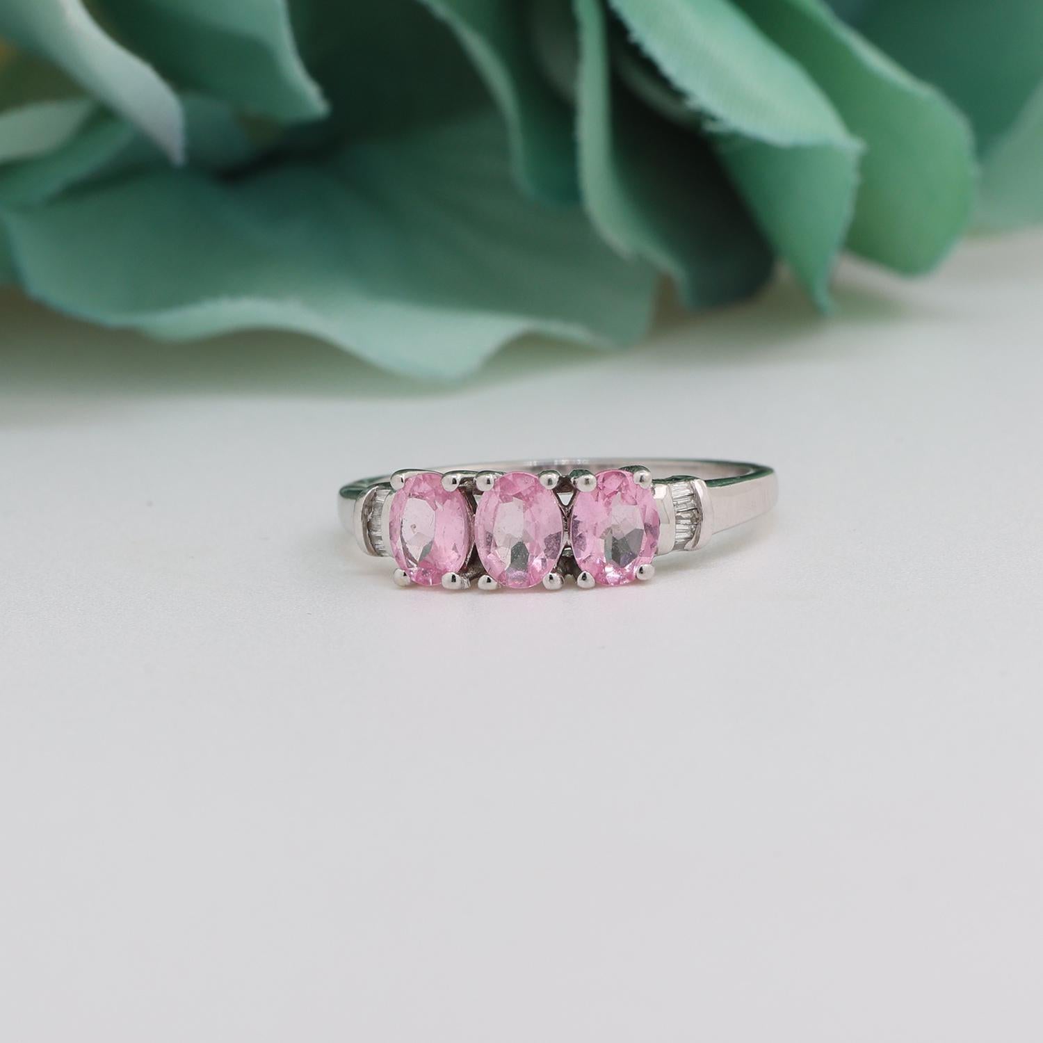 3-Stone Oval Pink Topaz Ring With Diamond Accents 10K White Gold 0.95 TW Size 7