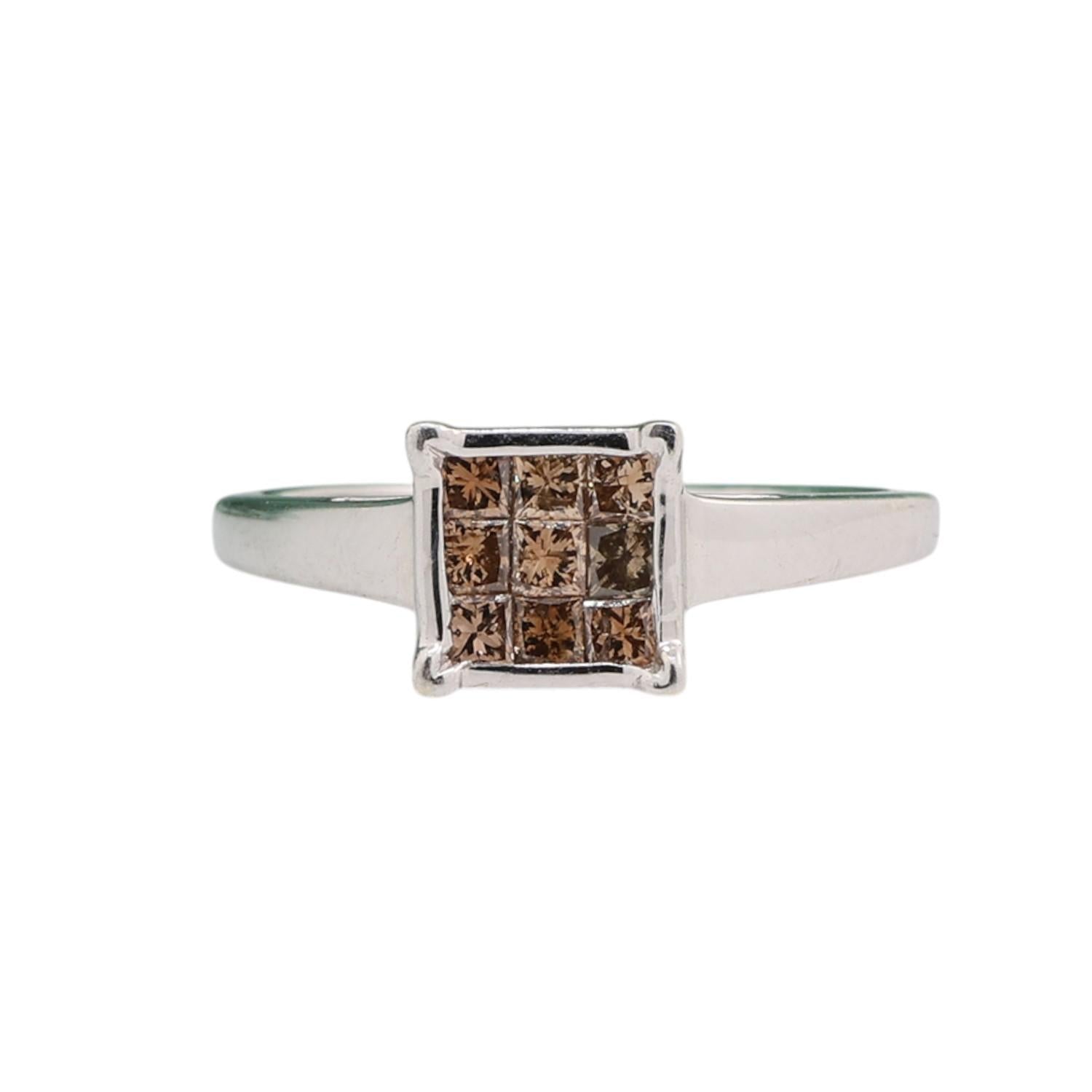 10K White Gold Cognac Princess Diamond Cluster Ring 0.40CTW Size 7 Estate