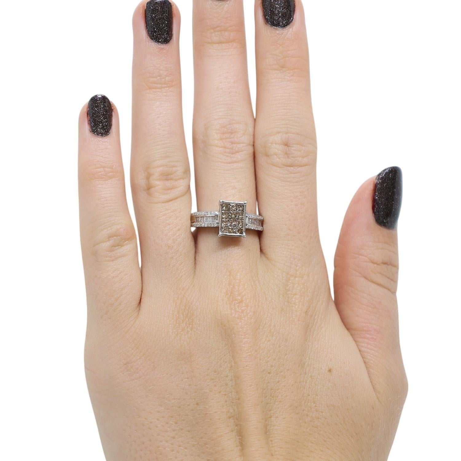1.00CTW Cognac & White Diamond Ring 10K White Gold Princess Baguette Round Sz 7
