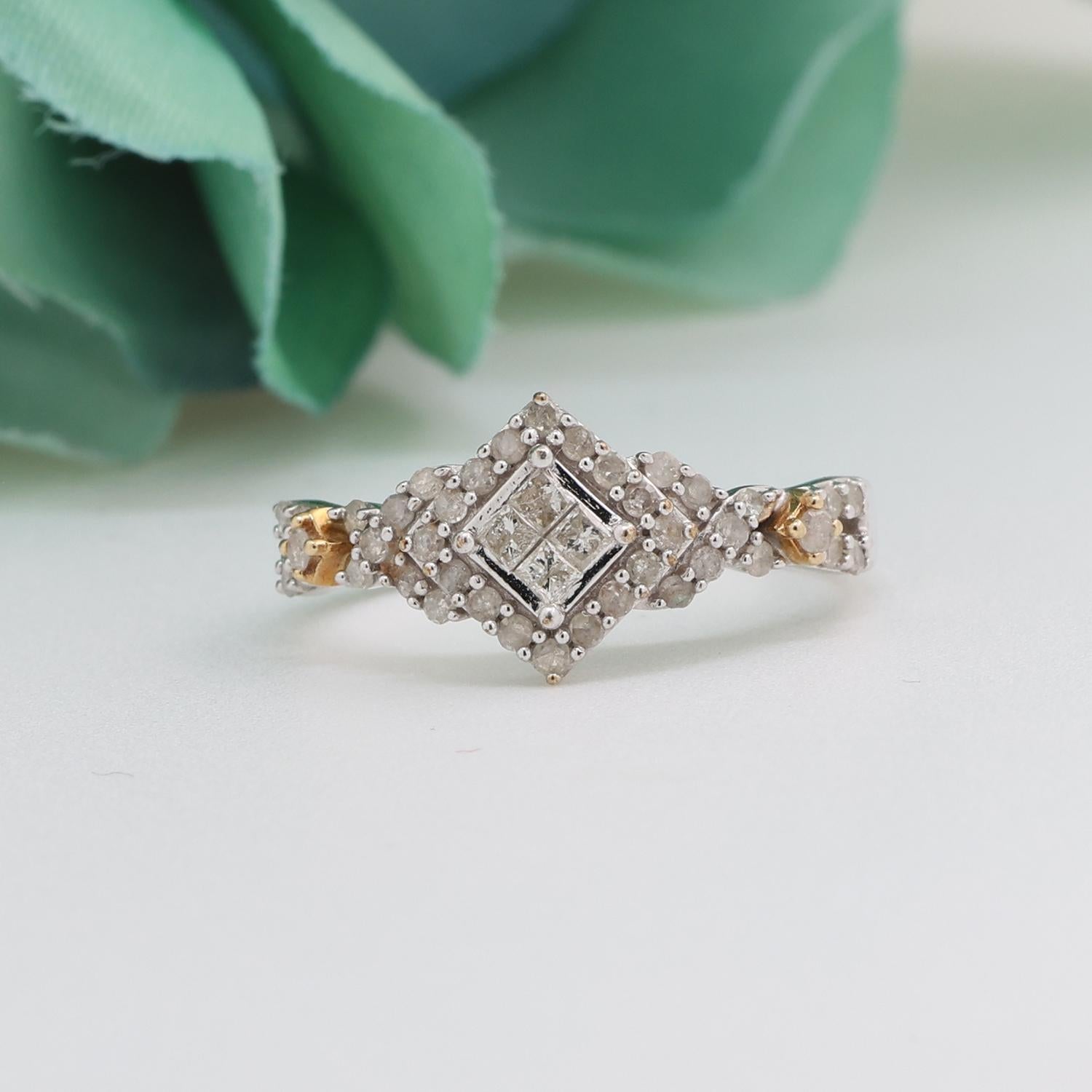 Princess Cut Cluster Diamond Cocktail Ring 10K 2-Tone Gold 0.70 TW Size 7.25