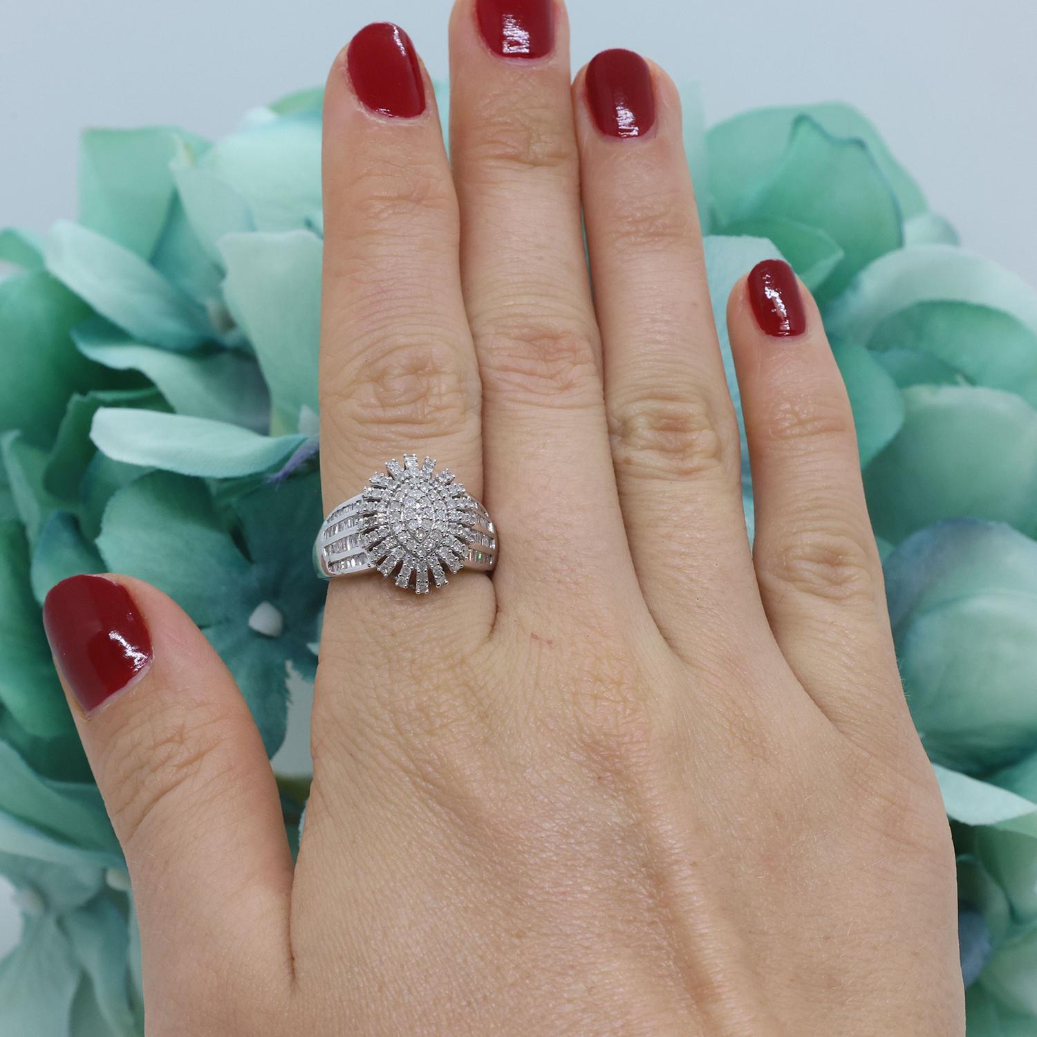 Cluster Diamond Statement Ring 10K White Gold 1.35 TW Round Baguette Size 7