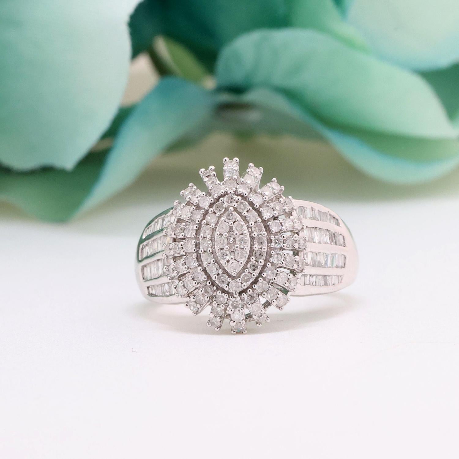 Cluster Diamond Statement Ring 10K White Gold 1.35 TW Round Baguette Size 7