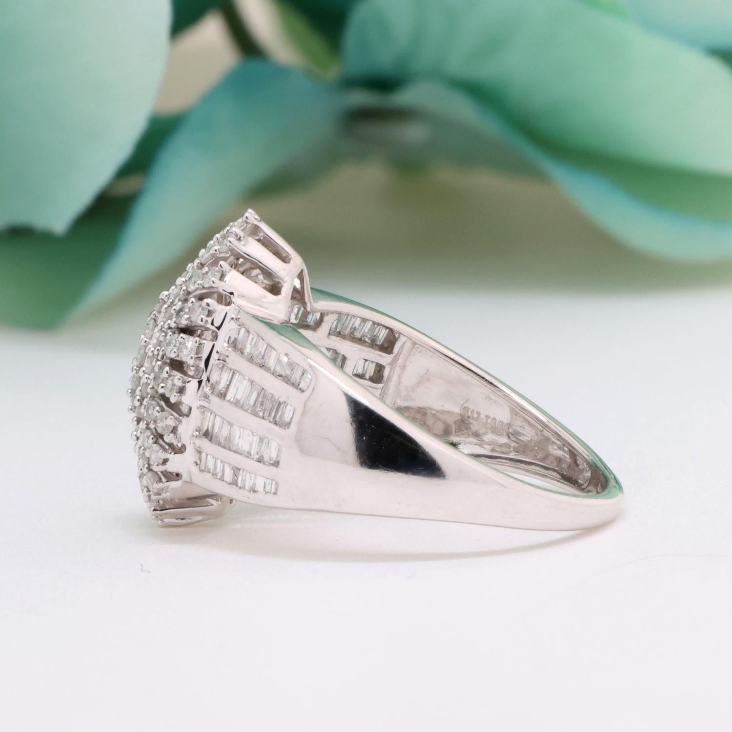 Cluster Diamond Statement Ring 10K White Gold 1.35 TW Round Baguette Size 7