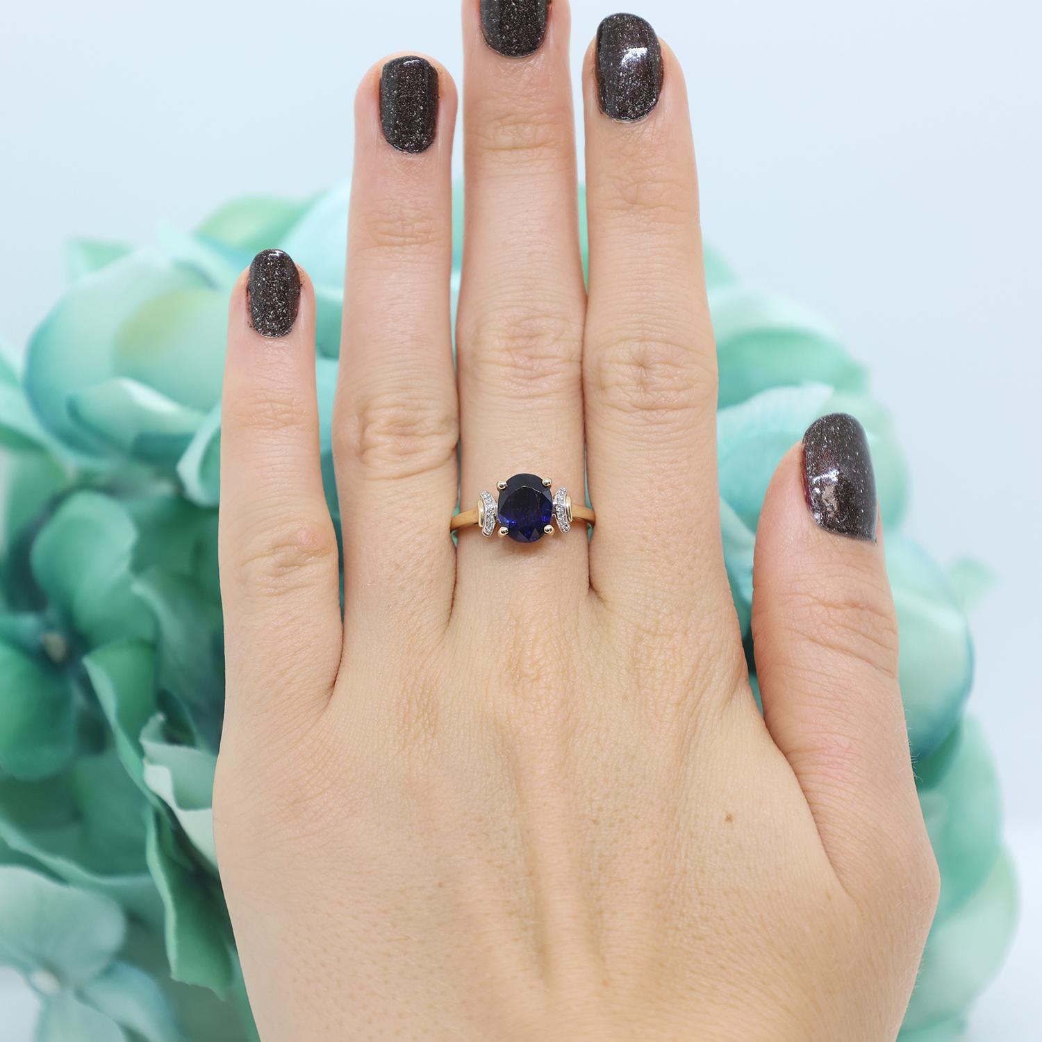 Oval Blue Spinel Solitaire Ring Diamond Accents 10K Yellow Gold 2.50TW Size 7.25