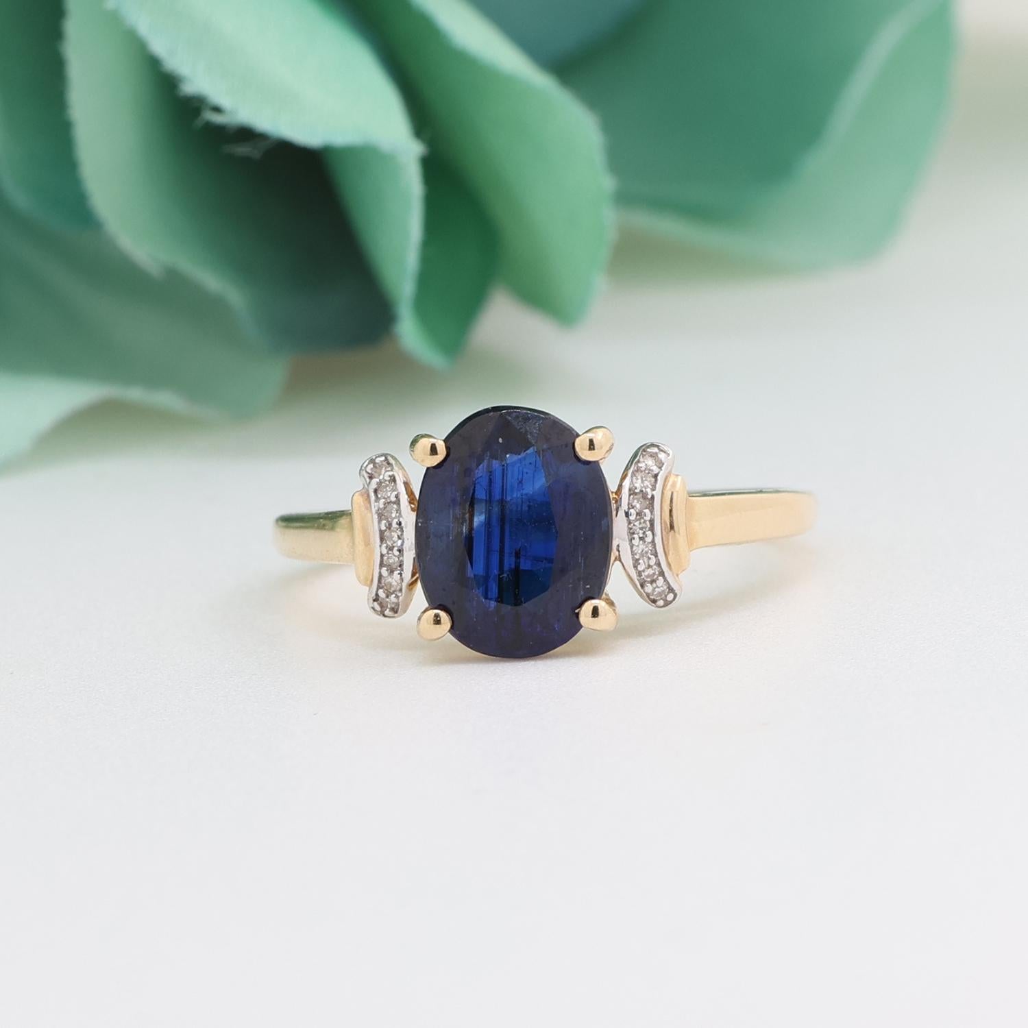 Oval Blue Spinel Solitaire Ring Diamond Accents 10K Yellow Gold 2.50TW Size 7.25