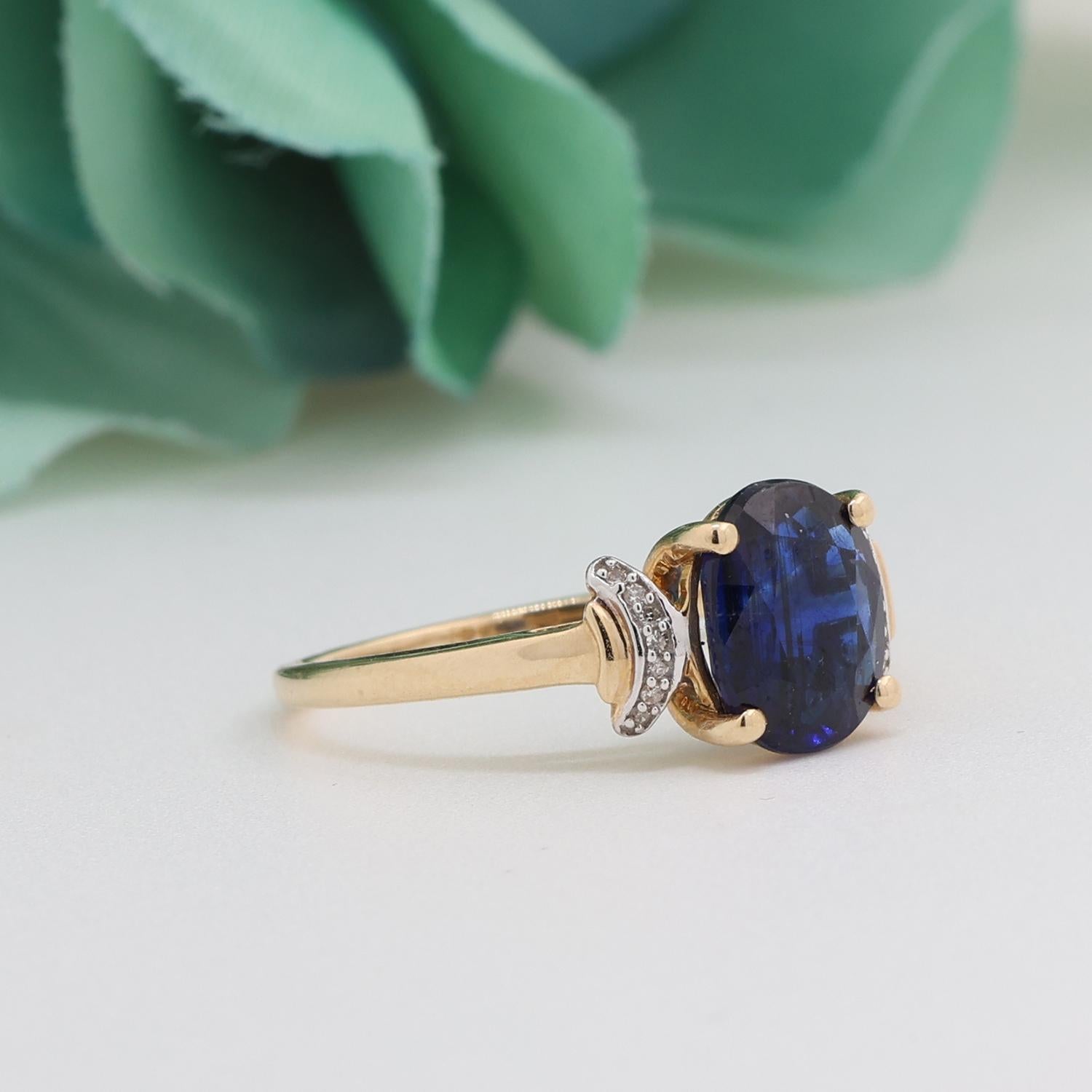 Oval Blue Spinel Solitaire Ring Diamond Accents 10K Yellow Gold 2.50TW Size 7.25
