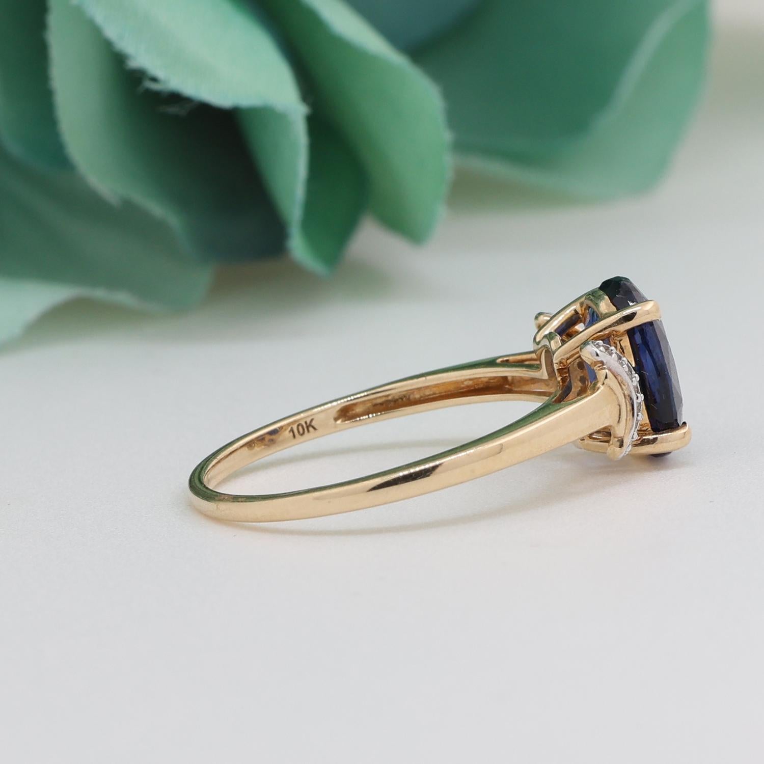 Oval Blue Spinel Solitaire Ring Diamond Accents 10K Yellow Gold 2.50TW Size 7.25