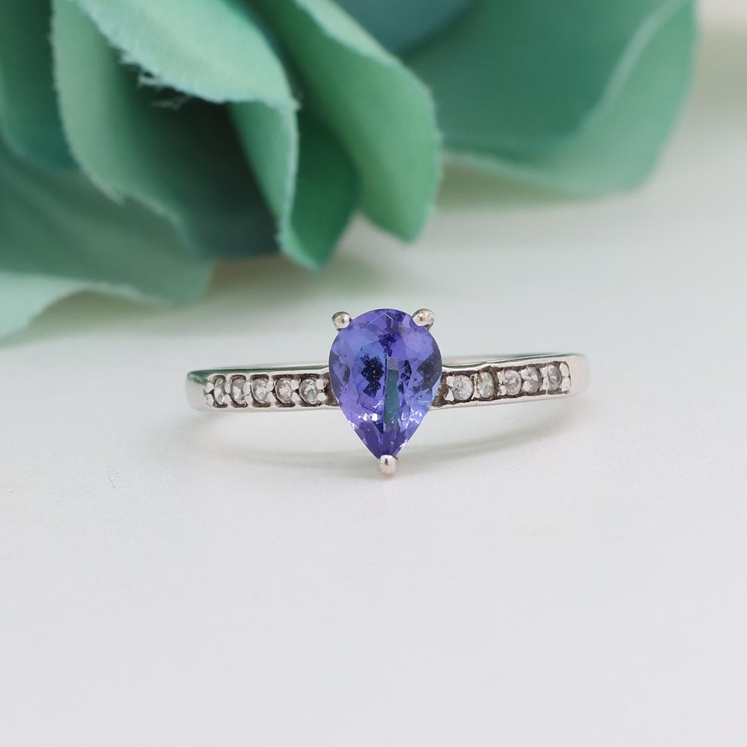 Pear Tanzanite Solitaire Ring Topaz Accents 10K White Gold 0.76 CTW Size 7.25