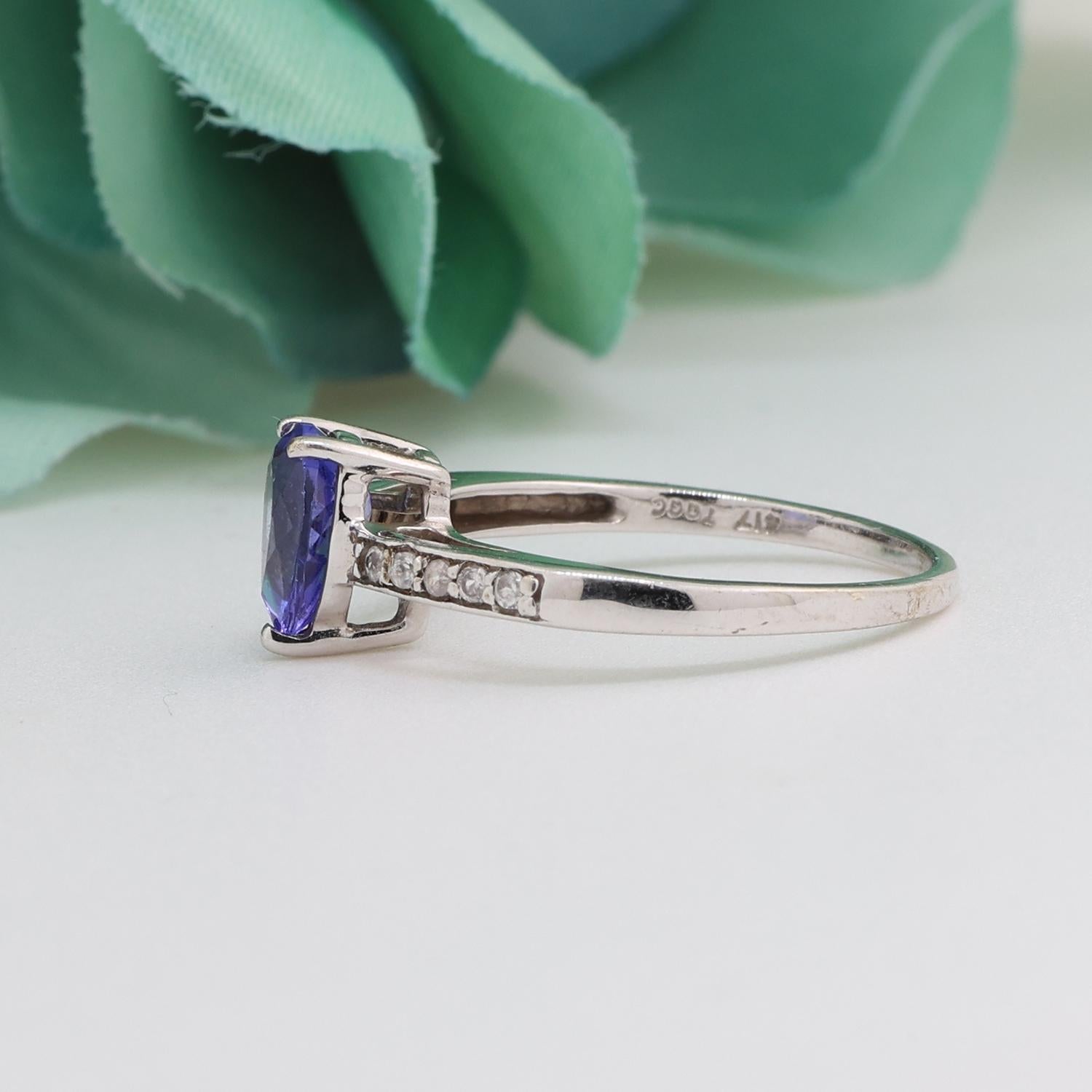 Pear Tanzanite Solitaire Ring Topaz Accents 10K White Gold 0.76 CTW Size 7.25