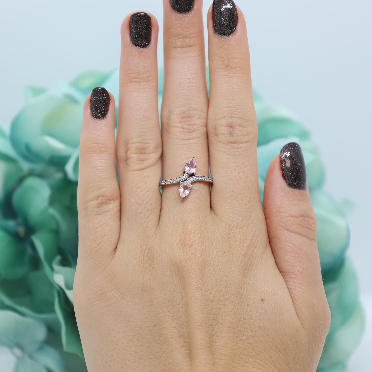 Pink Morganite White Topaz Bypass Ring 10K Rose Gold 0.68 CTW Ladies Size 4