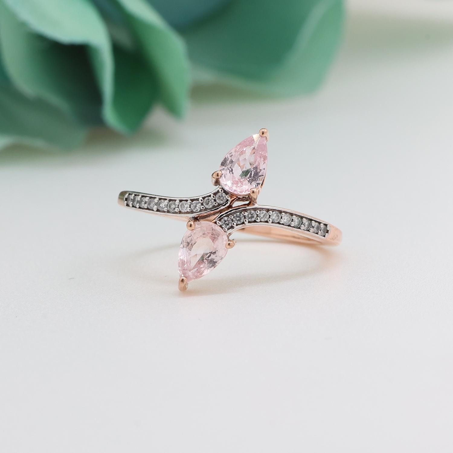 Pink Morganite White Topaz Bypass Ring 10K Rose Gold 0.68 CTW Ladies Size 4