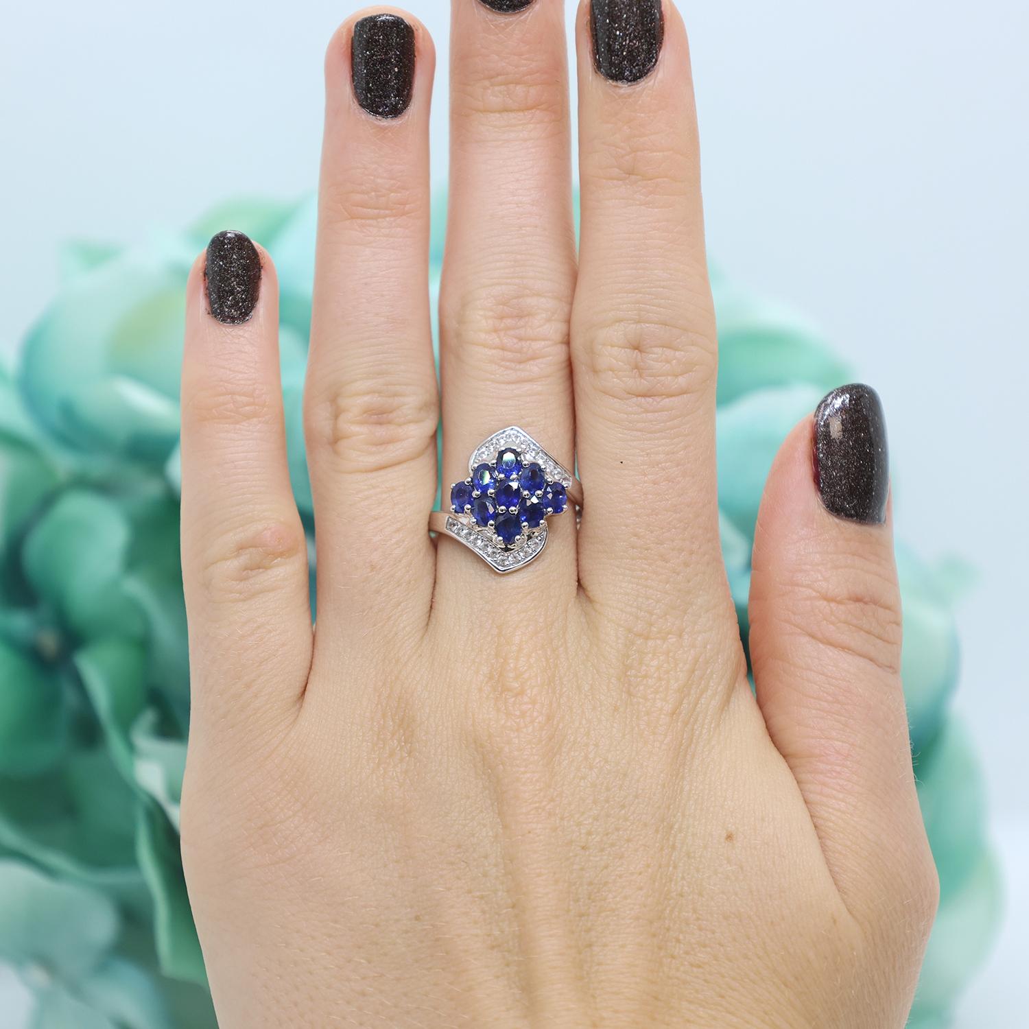 Blue Sapphire Topaz Floral Swirl Ring 10K White Gold 2.40 CTW Size 8.25 Ladies