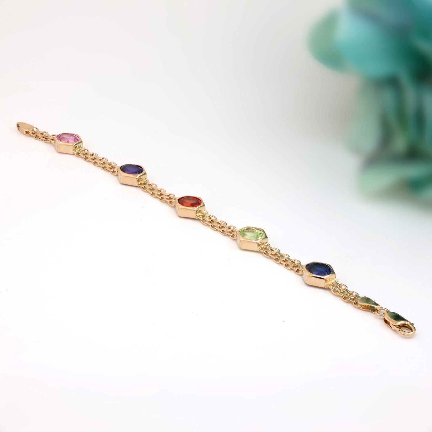 Multi-Color Sapphire Topaz Station Chain Bracelet 14K Yellow Gold 12.50 CTW 8"