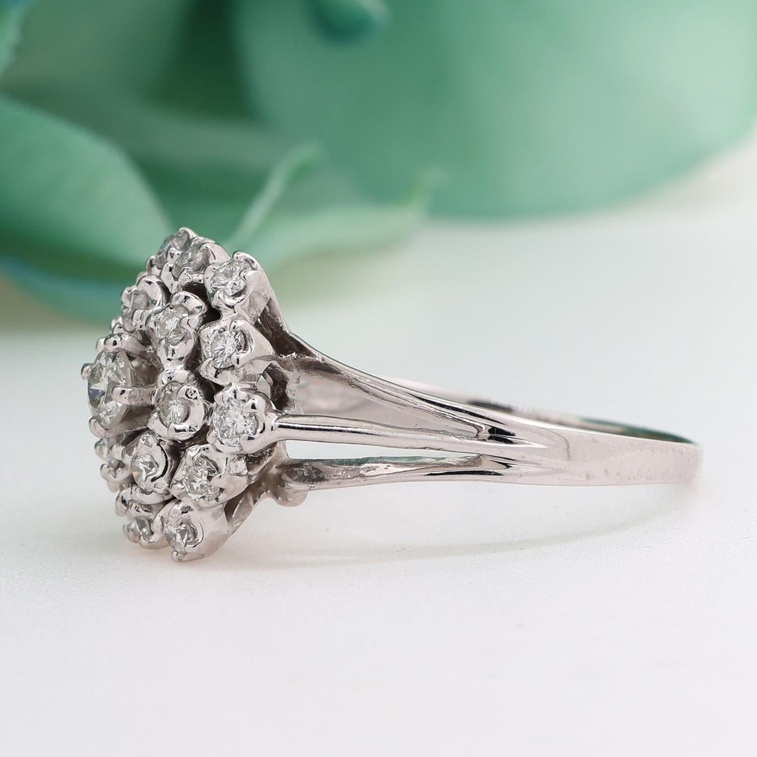 0.97 TW Diamond Floral Cocktail Ring 14K White Gold Size 11.75 Ladies Estate