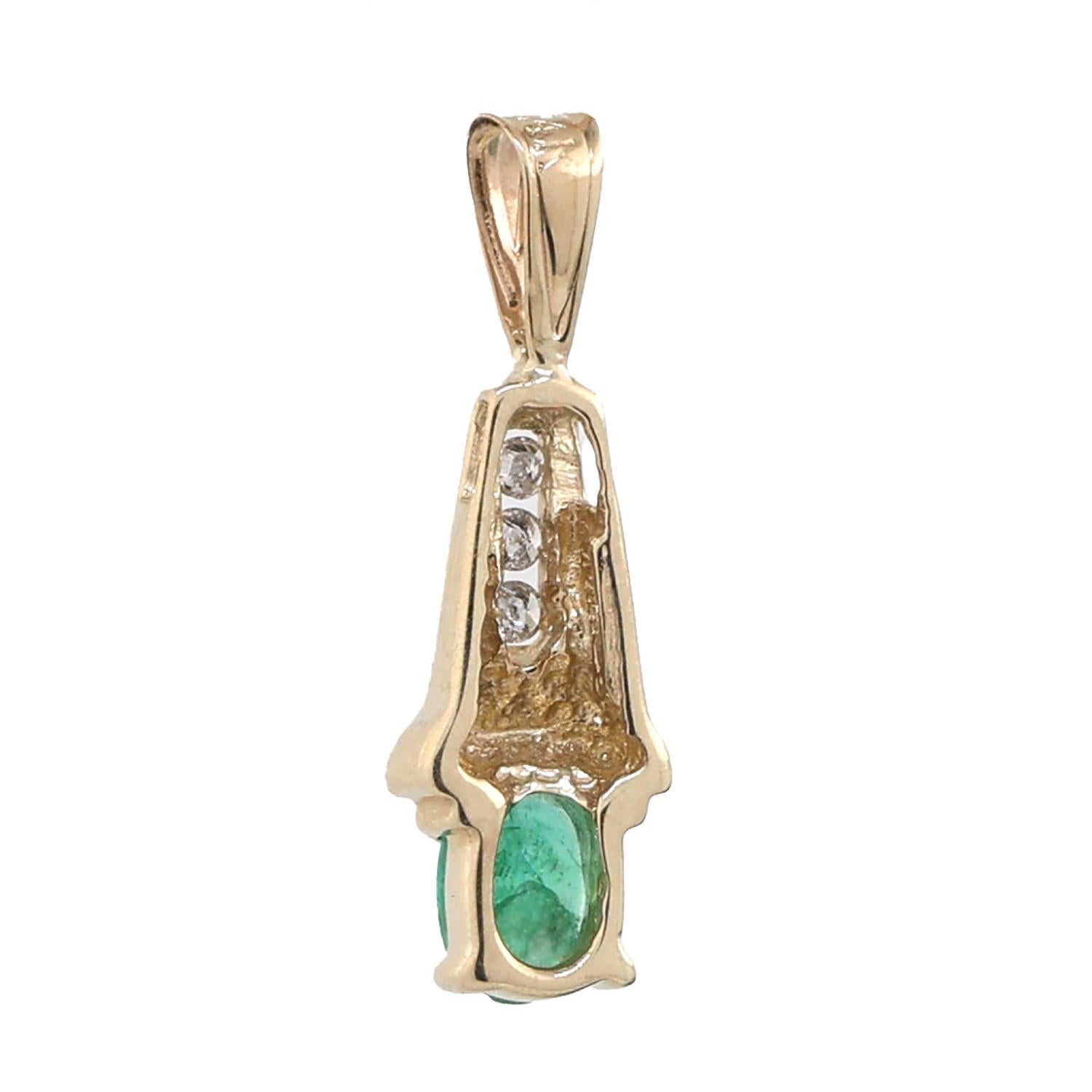 Oval Cut Emerald Diamond Pendant 14K Yellow Gold 0.49 CTW 0.80" Estate