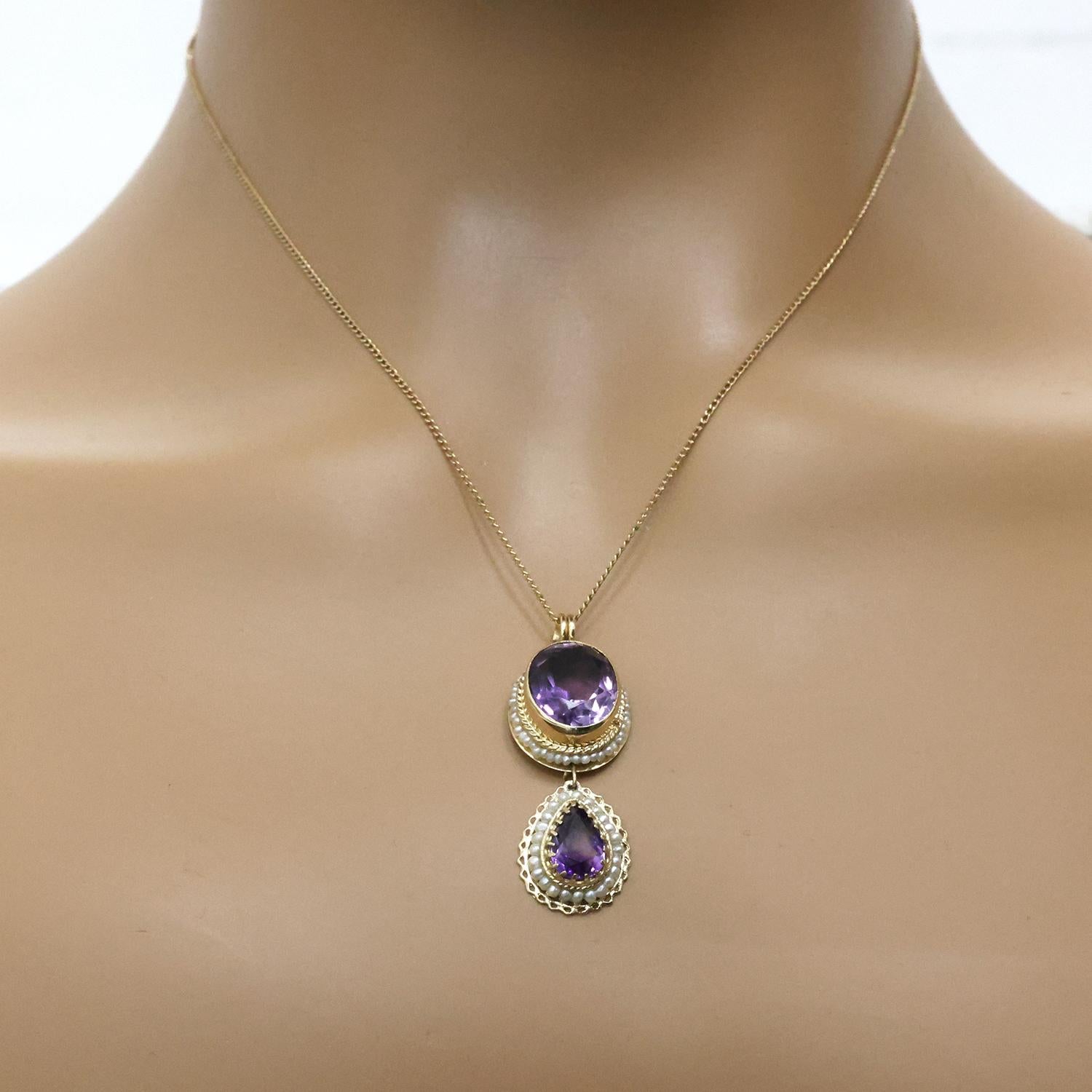 Amethyst Pearl Dangle Pendant 14K Yellow Gold 8.69 CTW 1.65" Vintage Estate