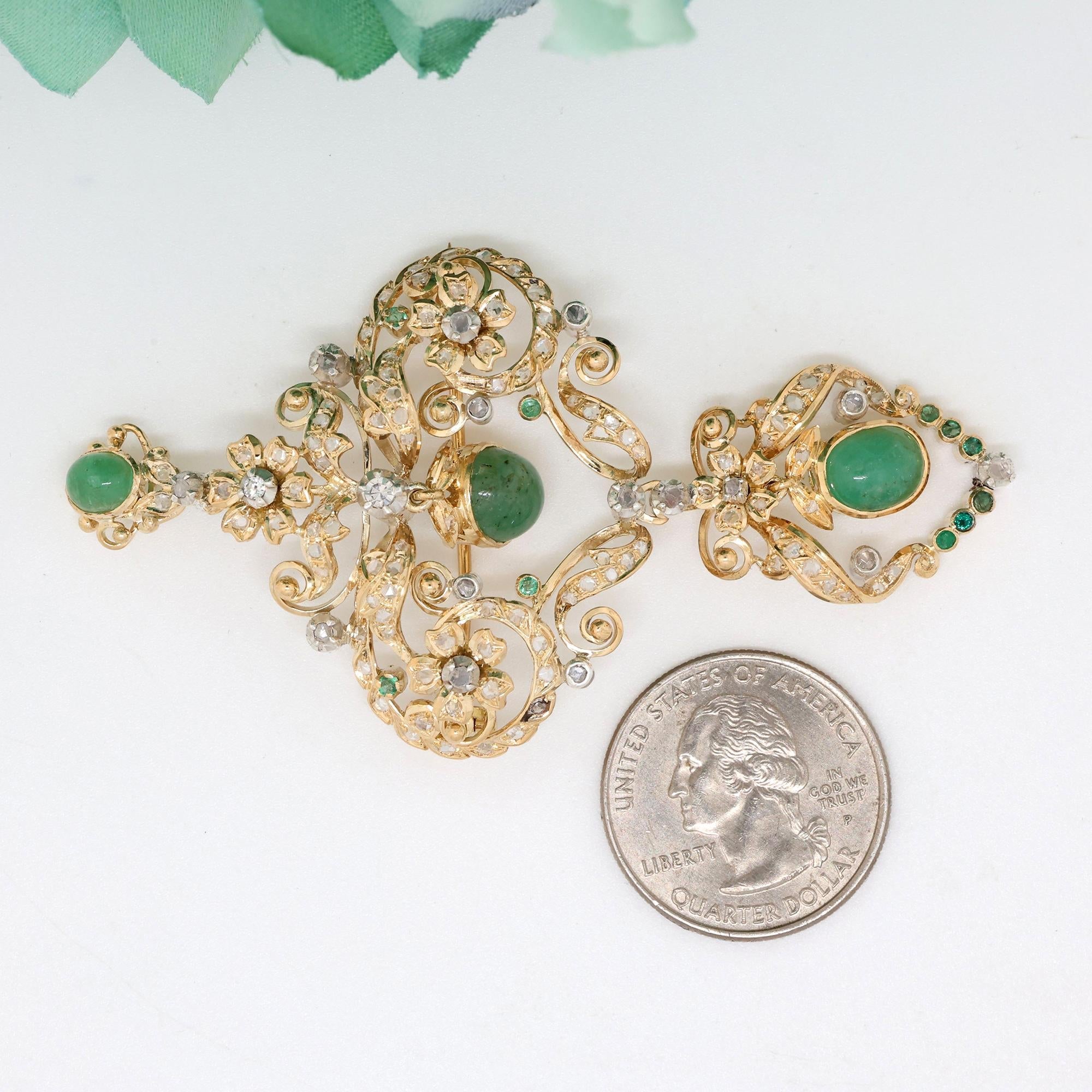 Diamond Emerald Floral Brooch Pin Pendant 18K Gold 3.44 TW 3" Estate