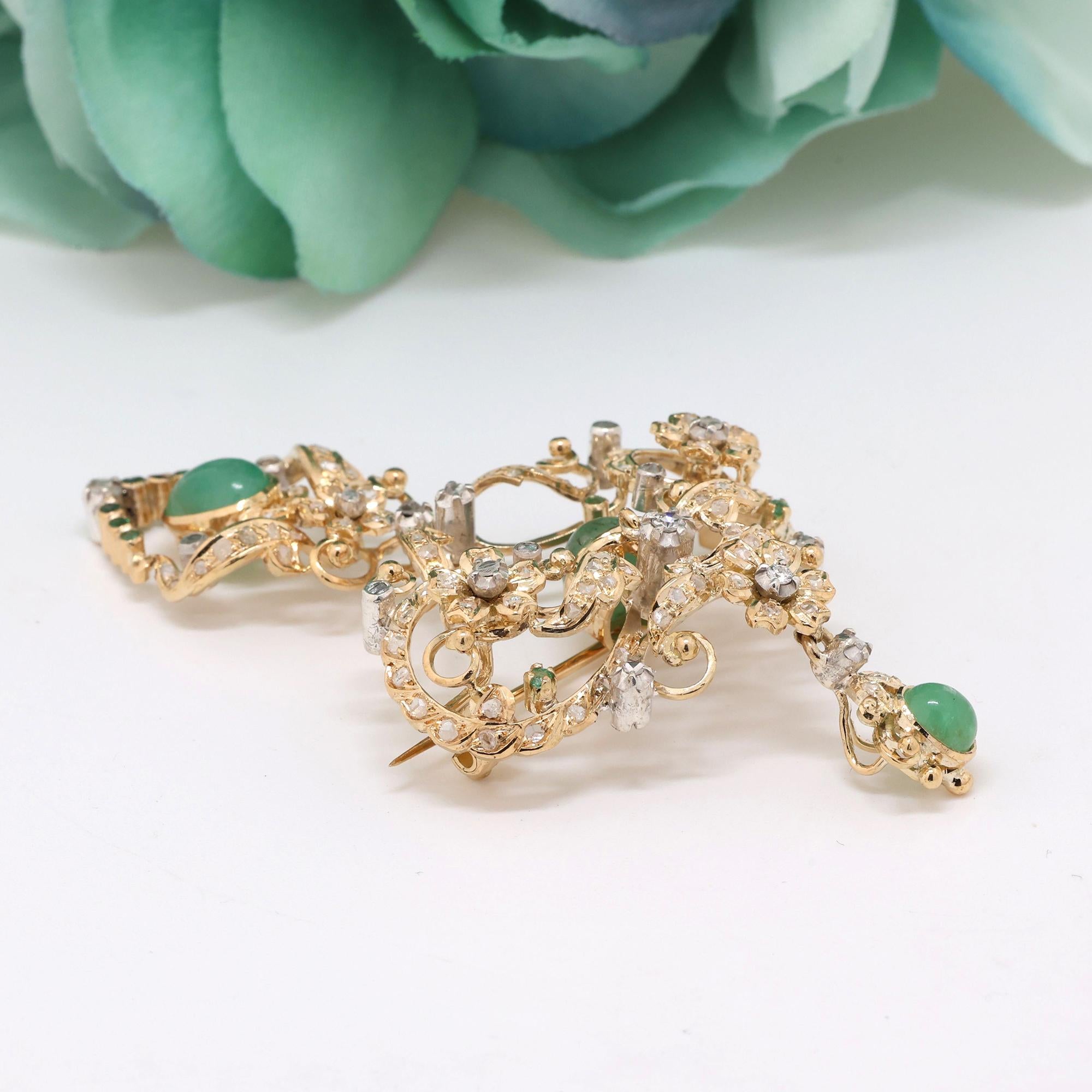 Diamond Chrysoprase Floral Brooch Pin Pendant 18K Gold 3" Estate