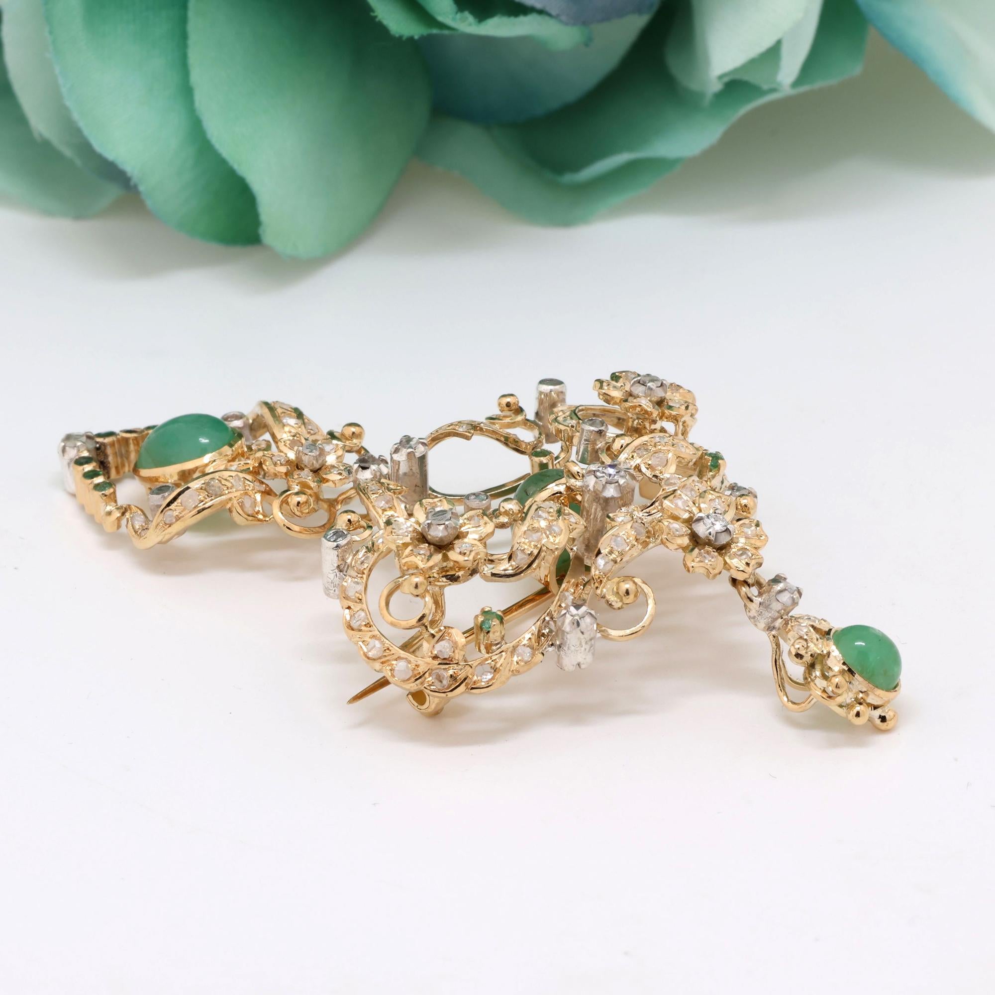 Diamond Chrysoprase Floral Brooch Pin Pendant 18K Gold 3" Estate