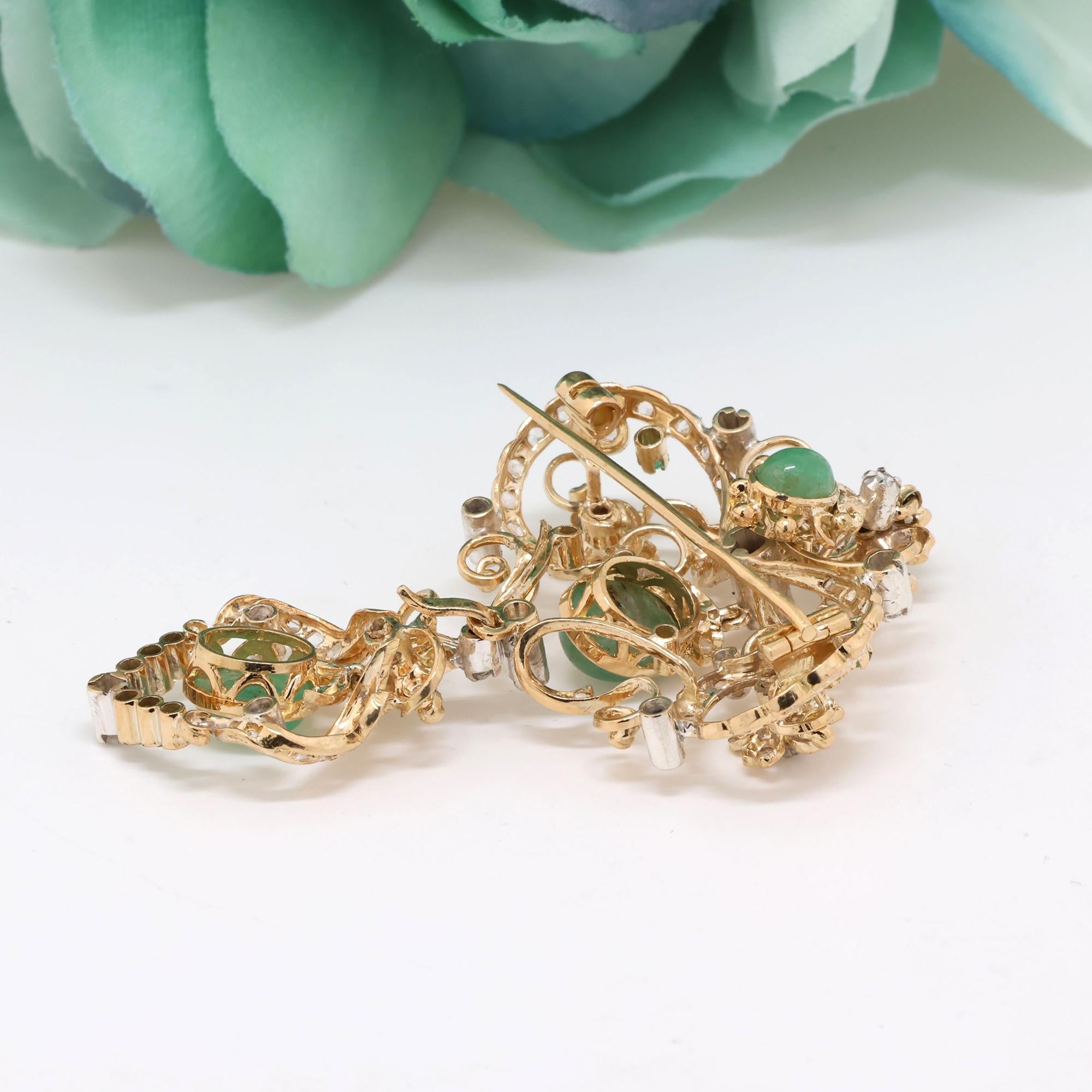 Diamond Chrysoprase Floral Brooch Pin Pendant 18K Gold 3" Estate