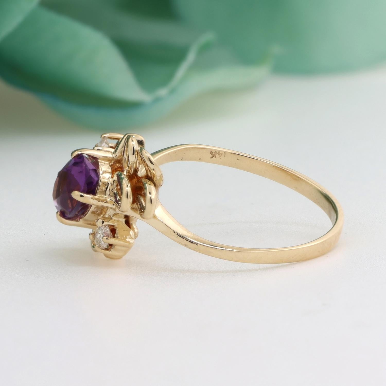 Vintage Amethyst Diamond Filigree Ring 14K Yellow Gold Flower 0.72 TW Size 7.75