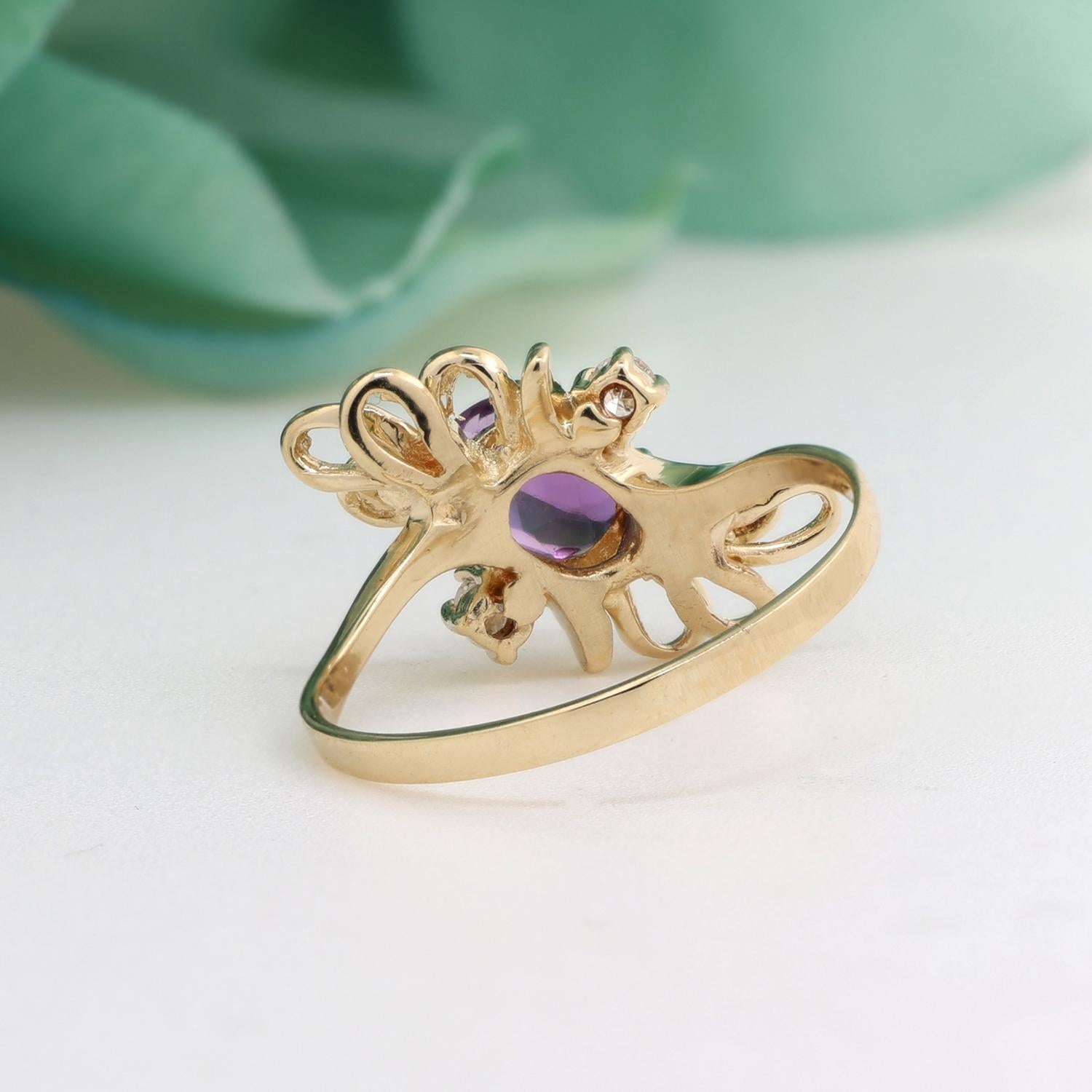 Vintage Amethyst Diamond Filigree Ring 14K Yellow Gold Flower 0.72 TW Size 7.75