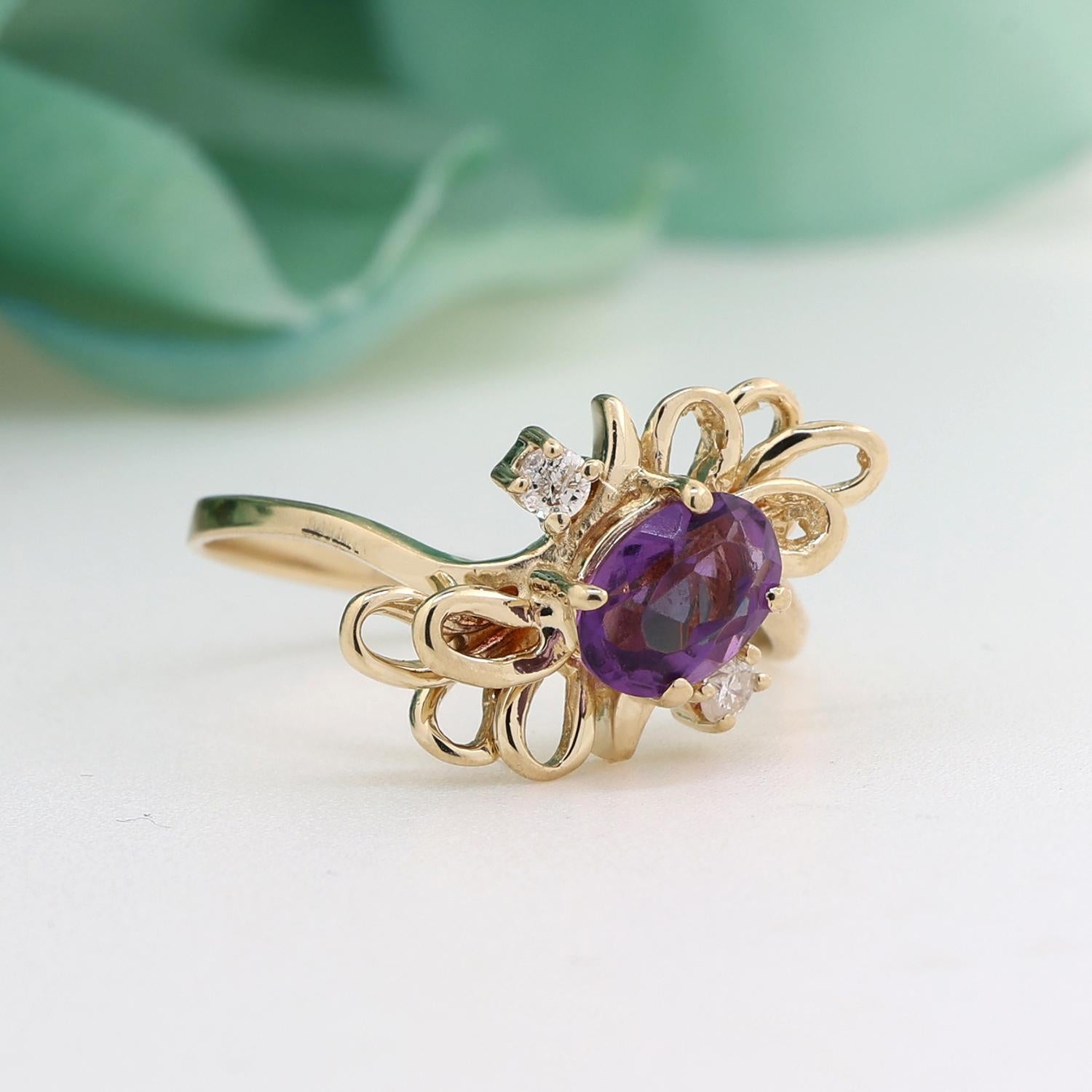 Vintage Amethyst Diamond Filigree Ring 14K Yellow Gold Flower 0.72 TW Size 7.75