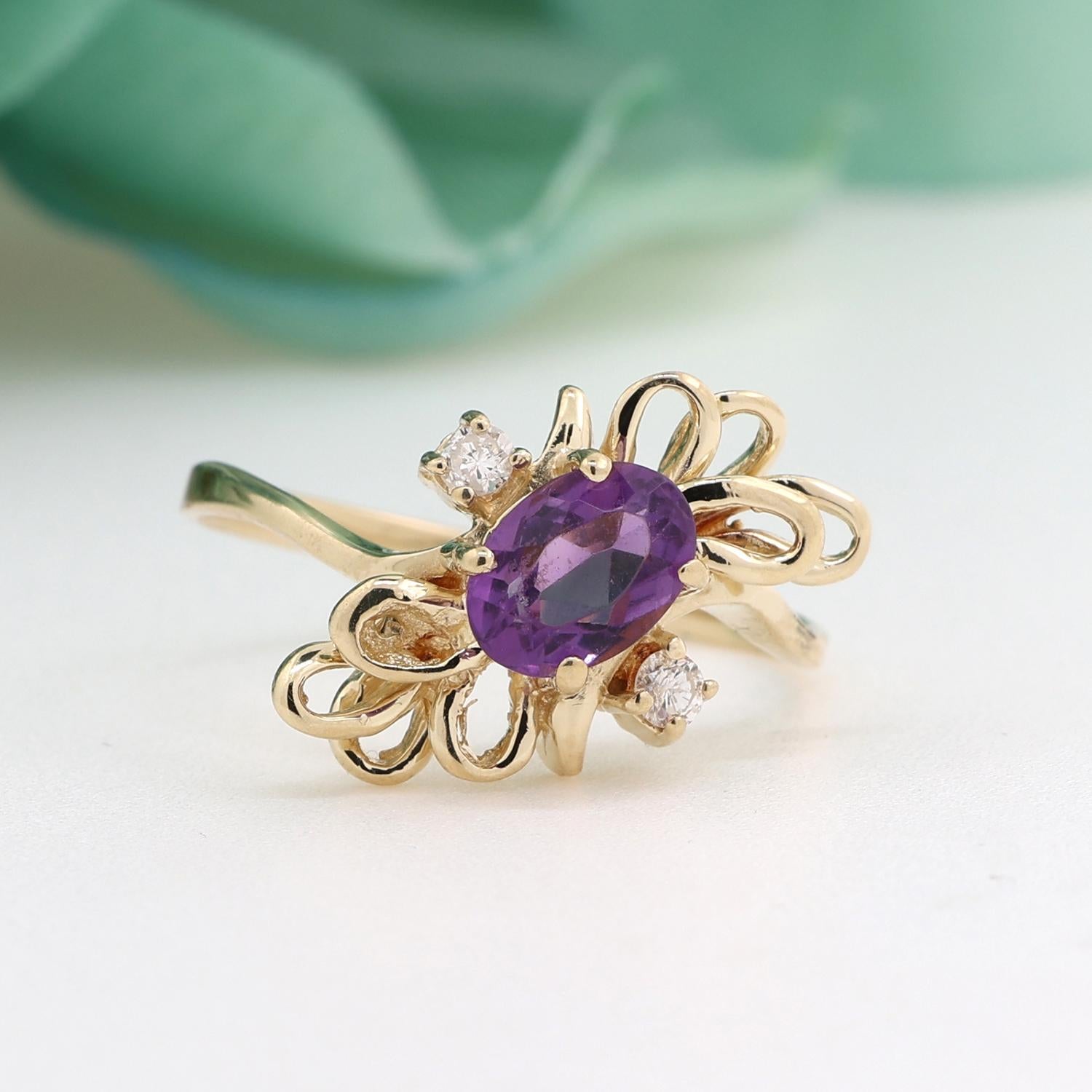 Vintage Amethyst Diamond Filigree Ring 14K Yellow Gold Flower 0.72 TW Size 7.75