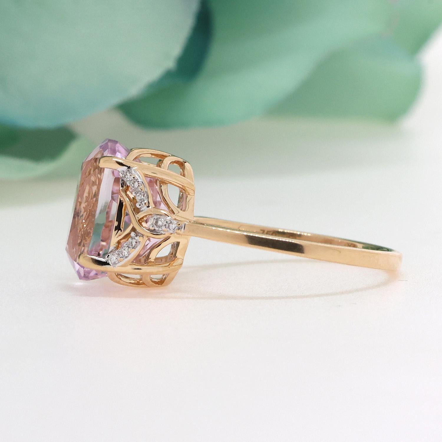 Pink Kunzite Diamond Cocktail Ring 18K Yellow Gold 5.91 CTW Size 7 Ladies Estate