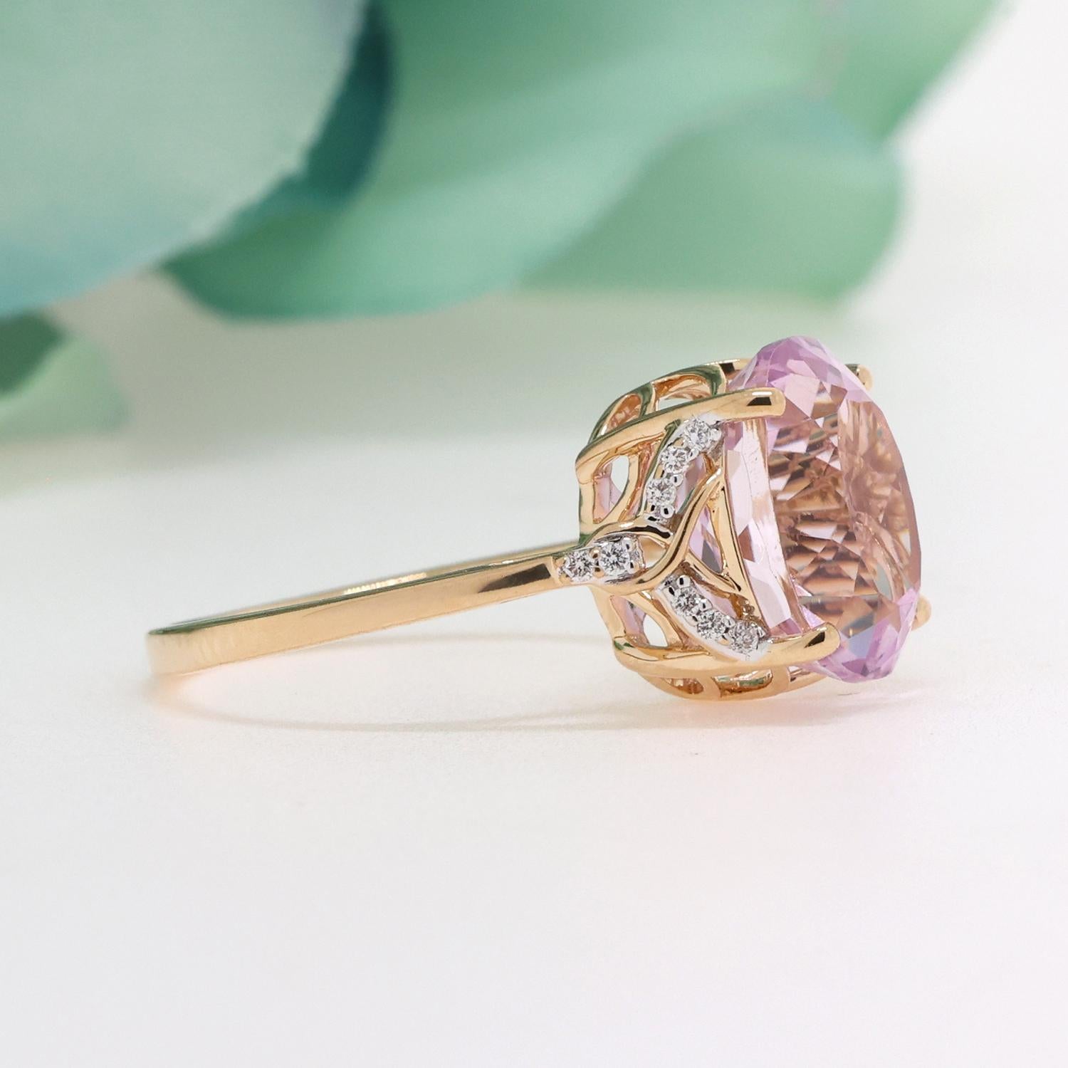 Pink Kunzite Diamond Cocktail Ring 18K Yellow Gold 5.91 CTW Size 7 Ladies Estate