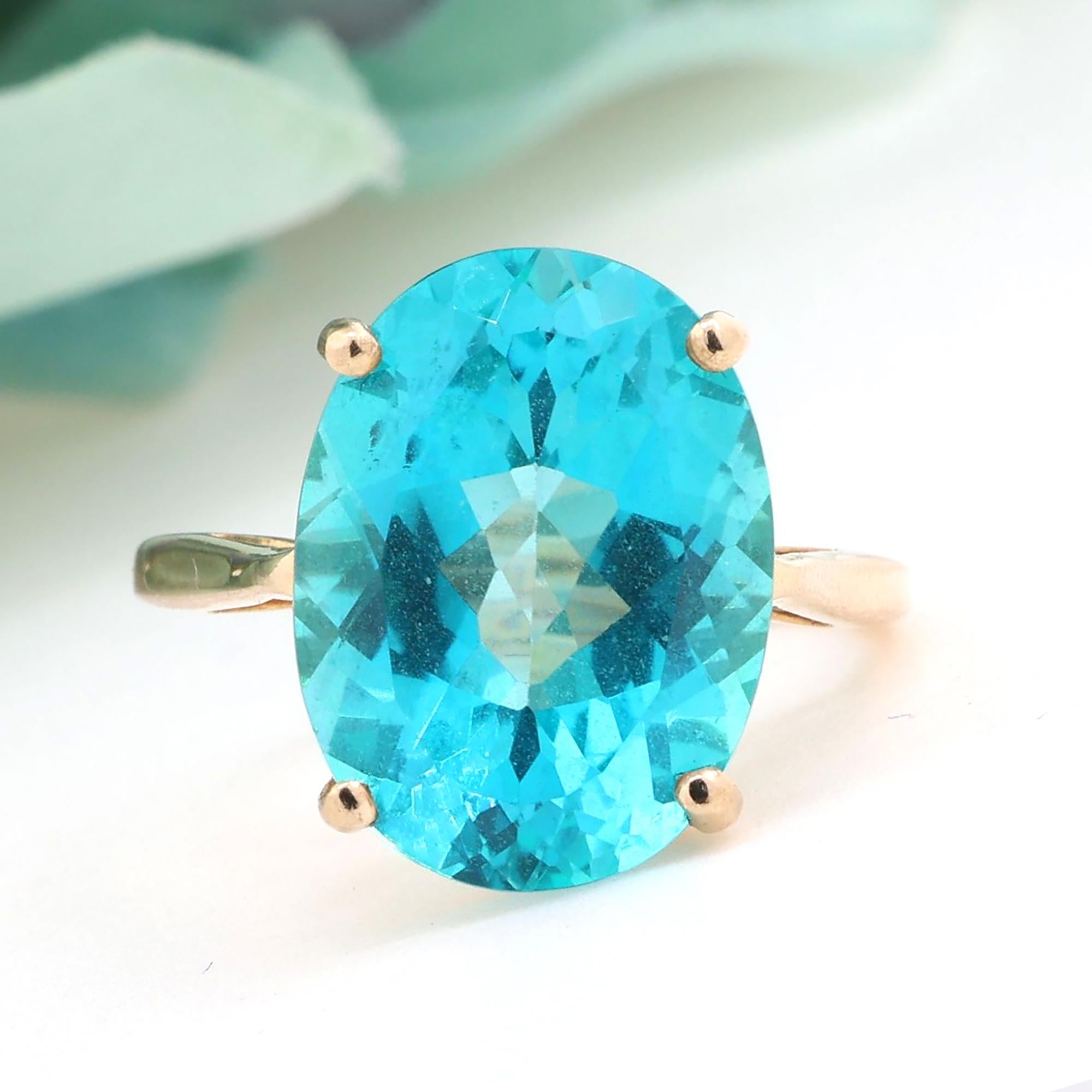 Oval Cut Blue Topaz Solitaire Ring 10K Yellow Gold 11.60 CT Size 7.25 Estate