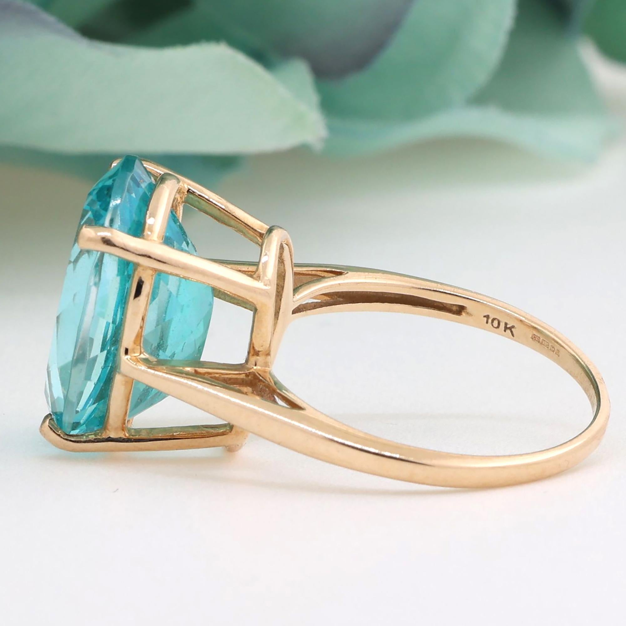 Oval Cut Blue Topaz Solitaire Ring 10K Yellow Gold 11.60 CT Size 7.25 Estate