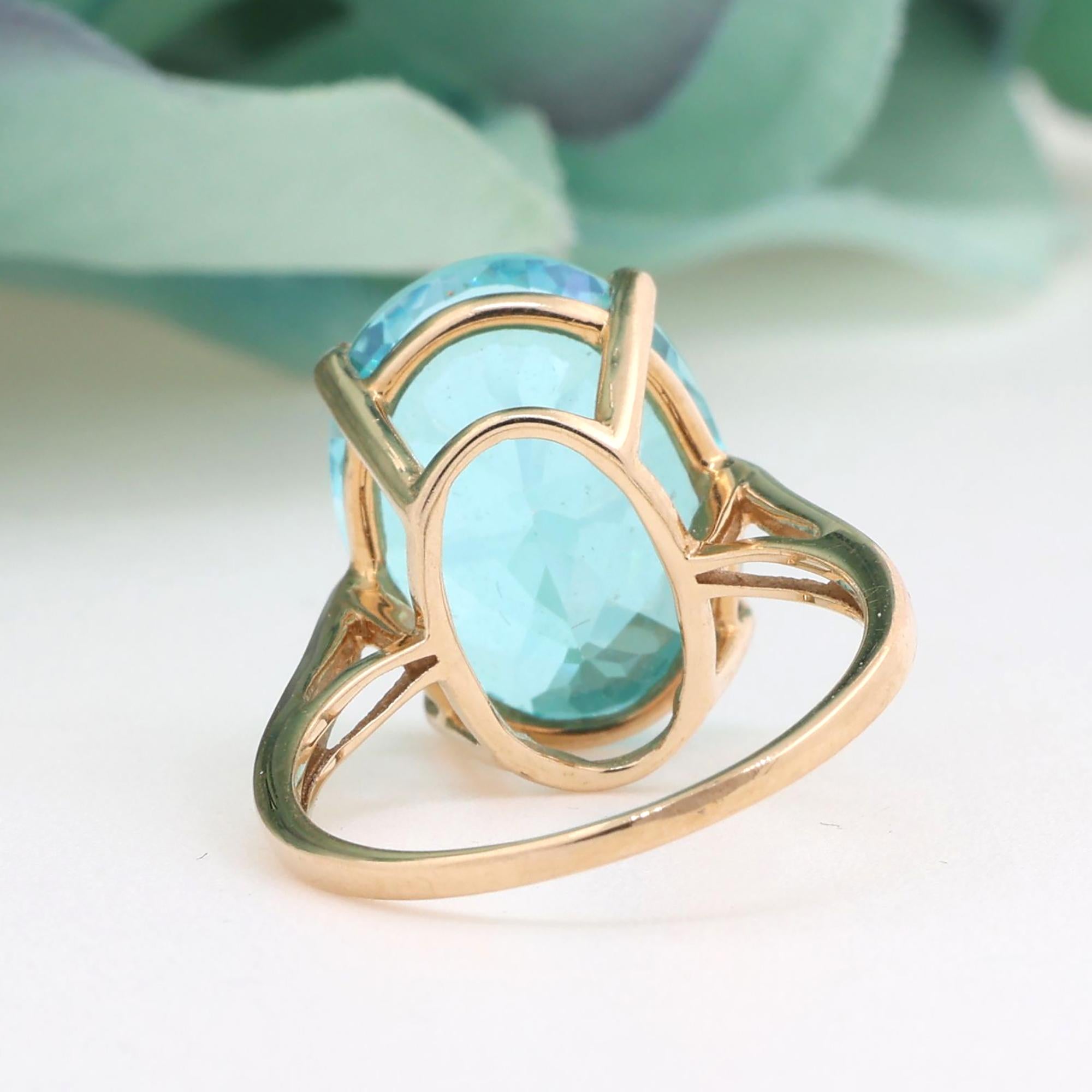 Oval Cut Blue Topaz Solitaire Ring 10K Yellow Gold 11.60 CT Size 7.25 Estate
