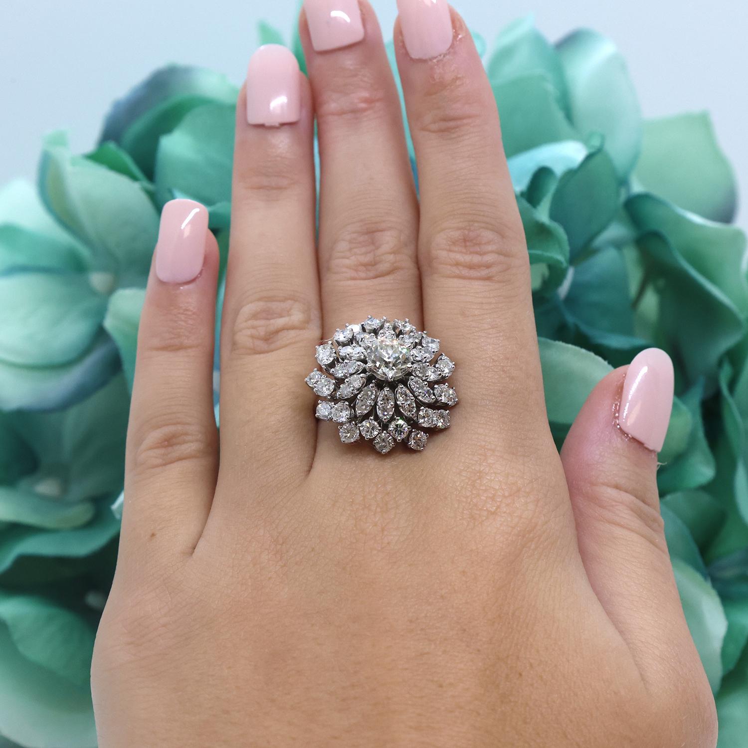 Diamond Ballerina Ring 14K White Gold Palladium 3.22 TW GIA Certified Size 5.25