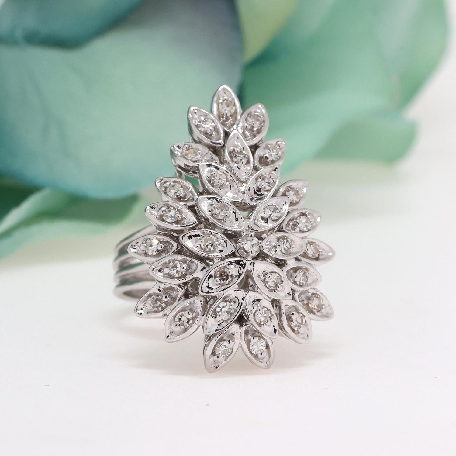 Cluster Diamond Floral Statement Ring 14K White Gold 0.70 TW Size 6.75