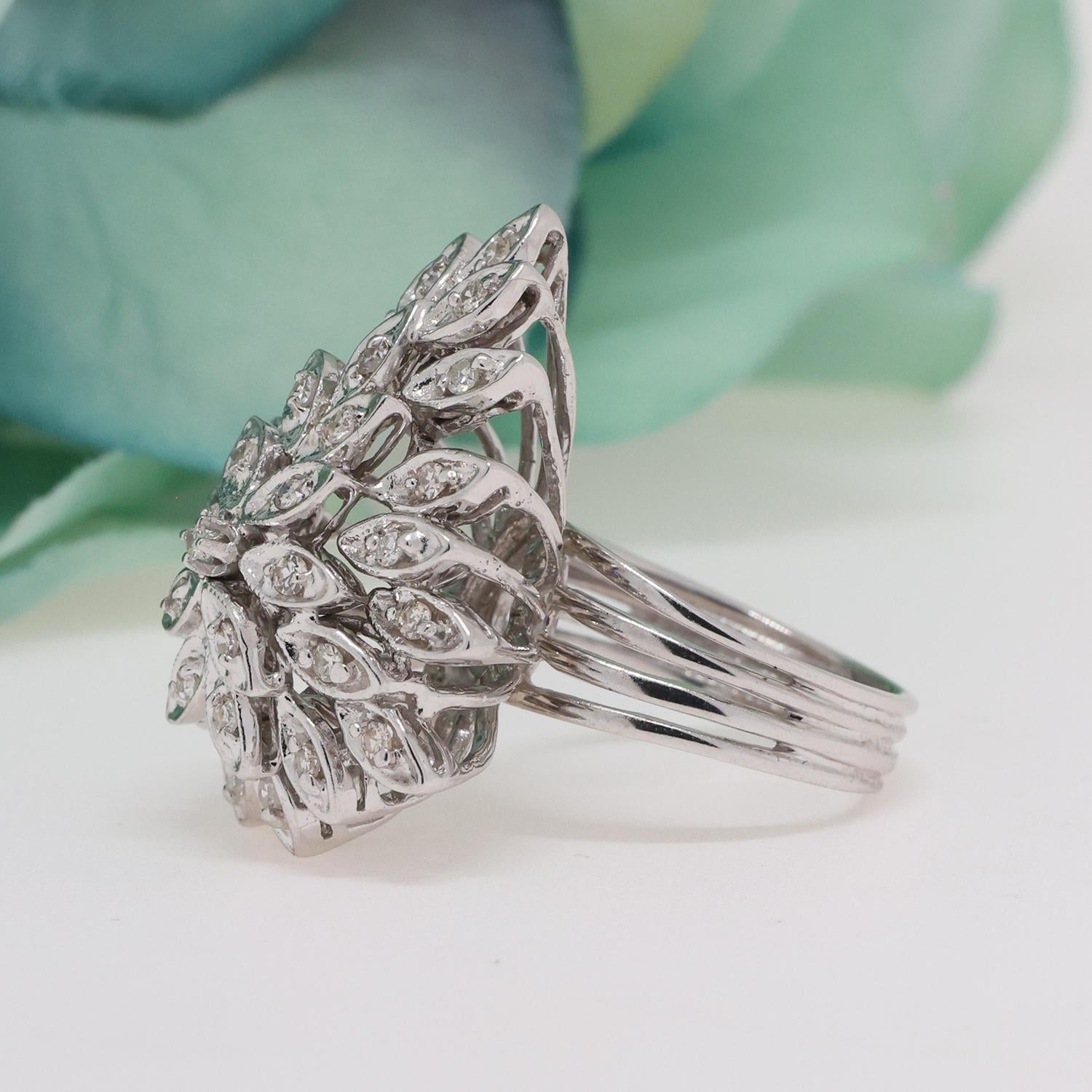 Cluster Diamond Floral Statement Ring 14K White Gold 0.70 TW Size 6.75