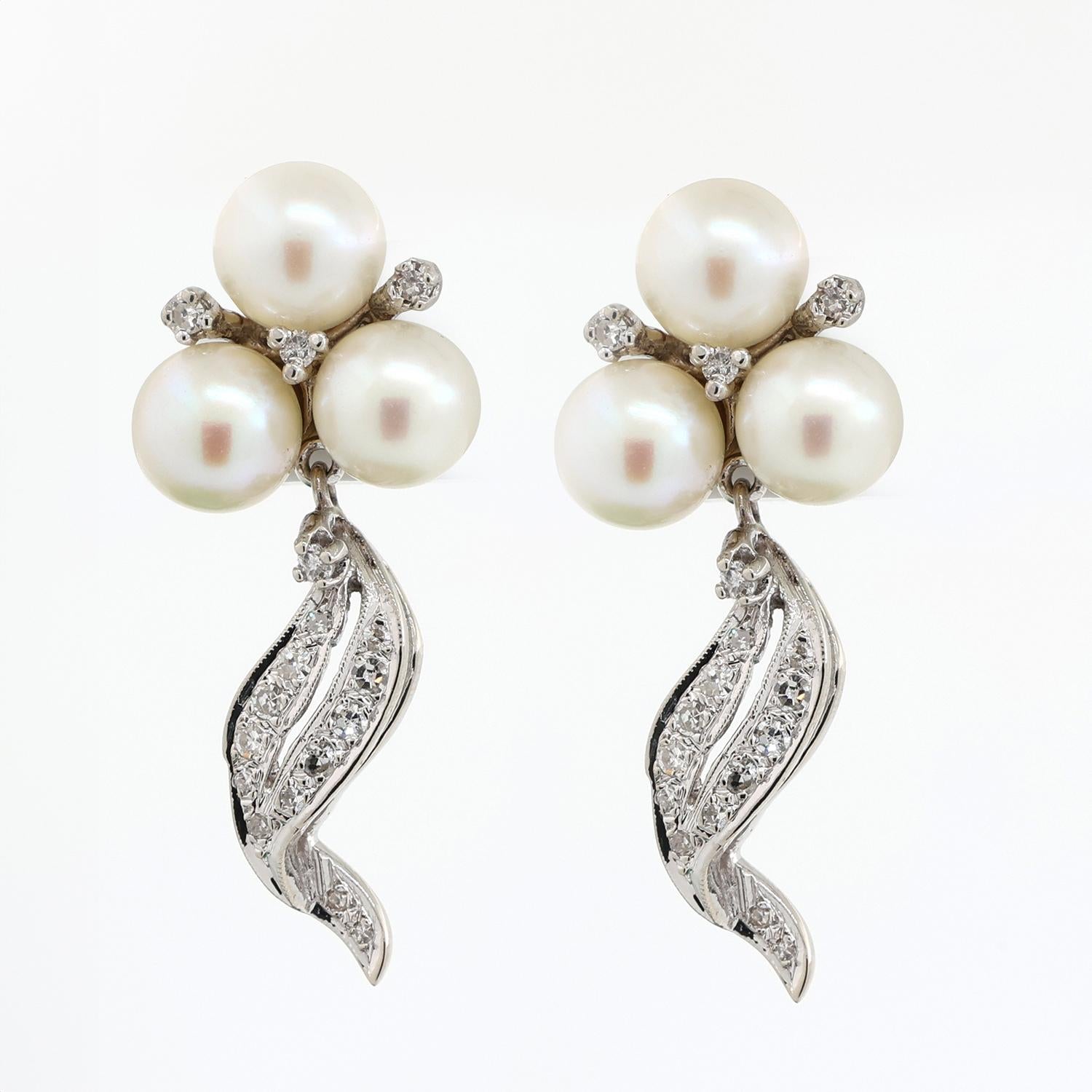 Vintage Freshwater Pearl Diamond Dangle Earrings 14K White Gold Swirl 0.75"