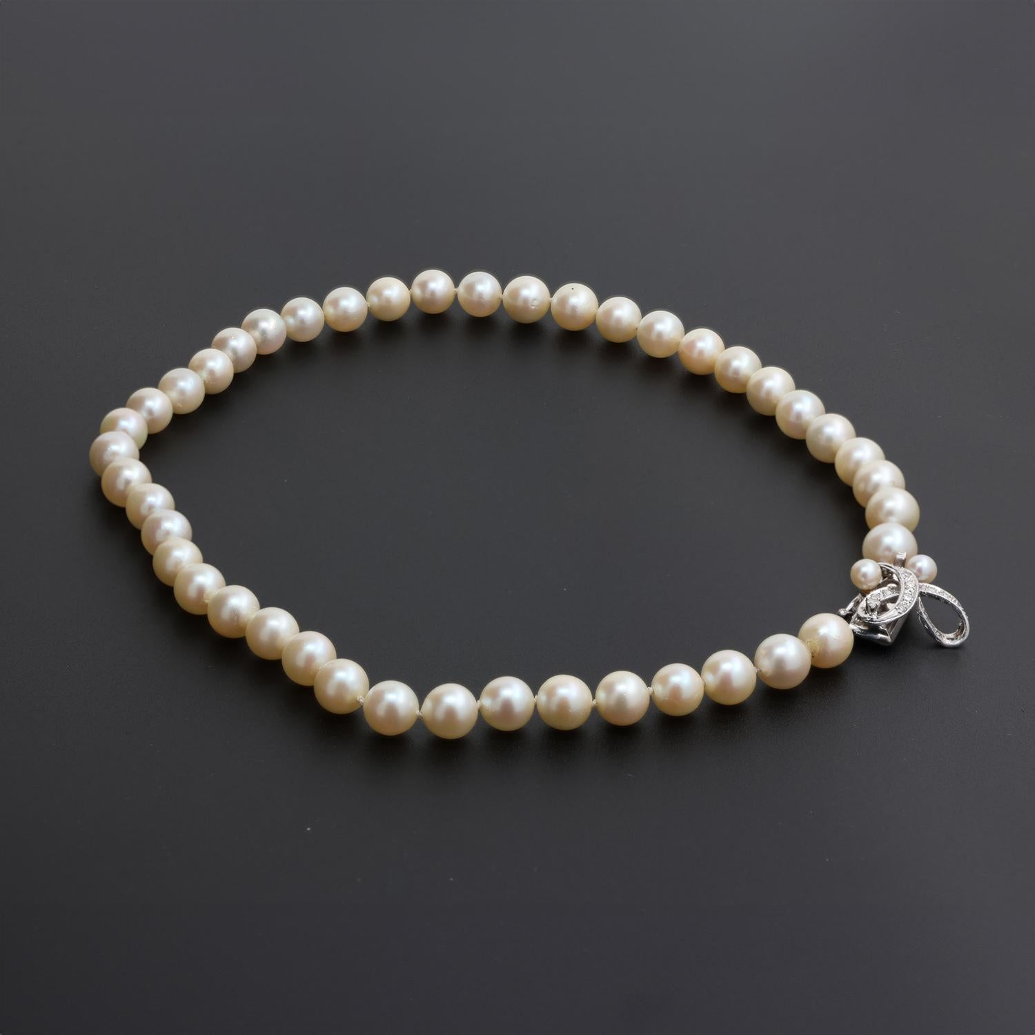 Vintage Freshwater Pearl Choker Necklace 14K White Gold Diamond Clasp 14.5"