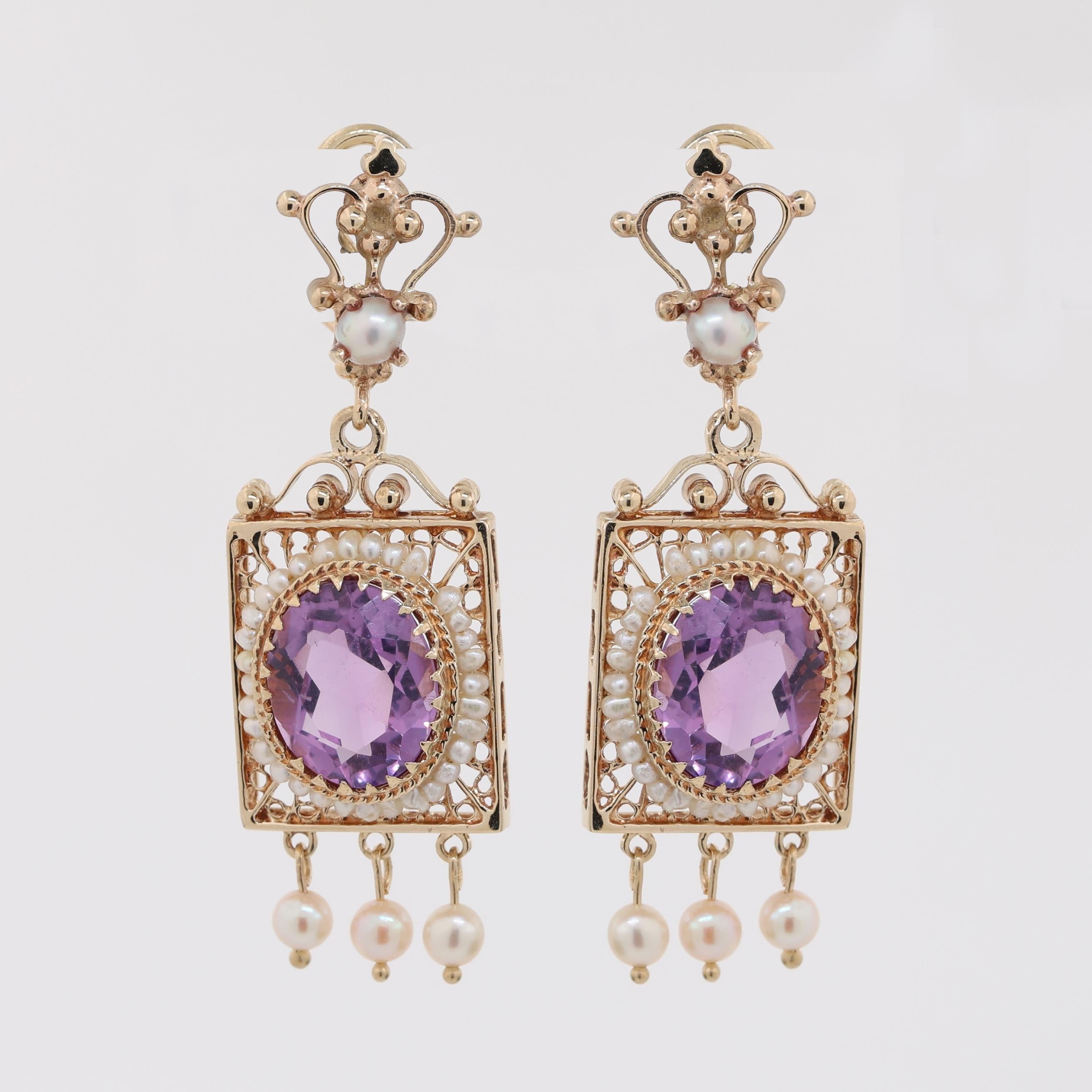 Vintage Amethyst Pearl Filigree Dangle Earrings 14K Yellow Gold 1.65"