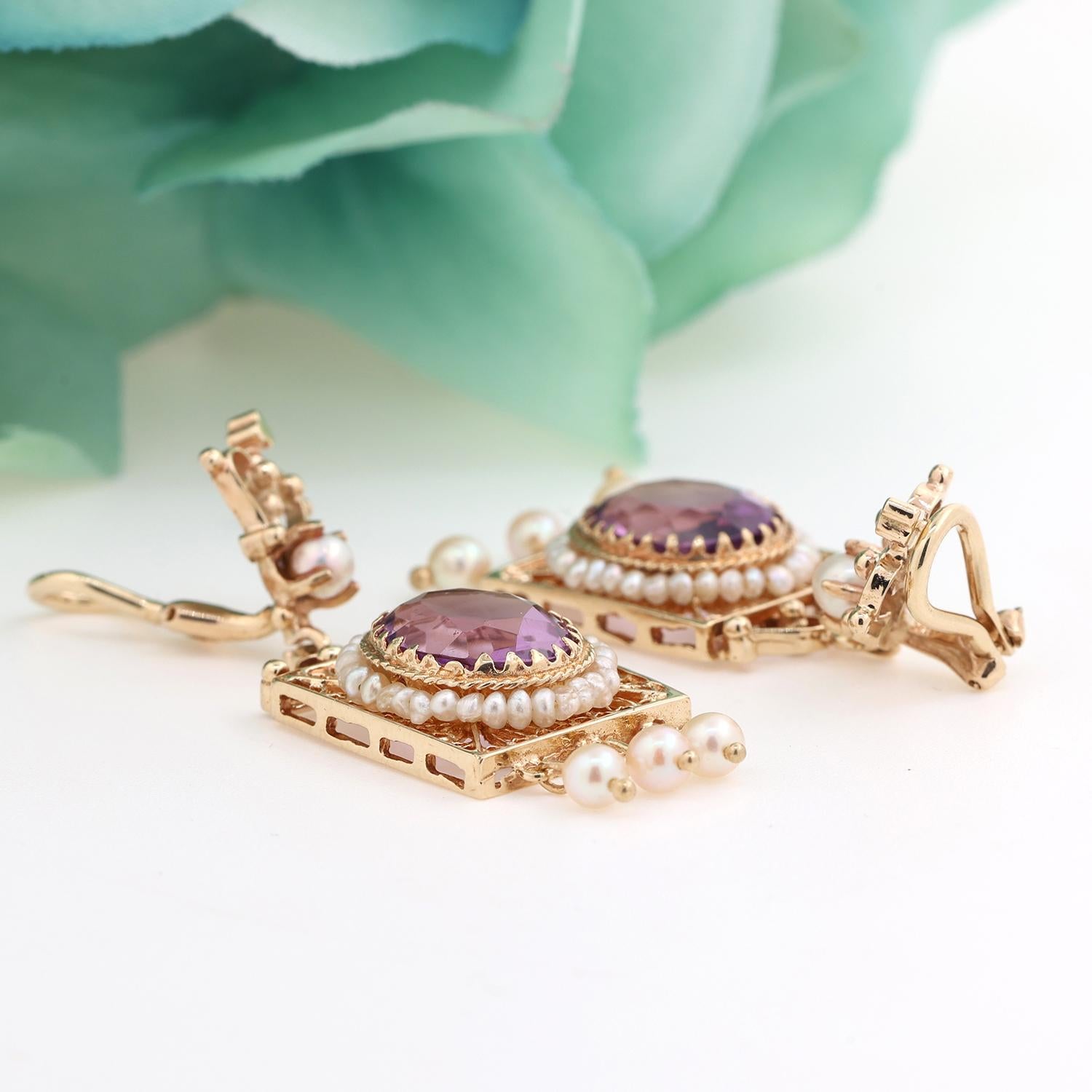 Vintage Amethyst Pearl Filigree Dangle Earrings 14K Yellow Gold 1.65"