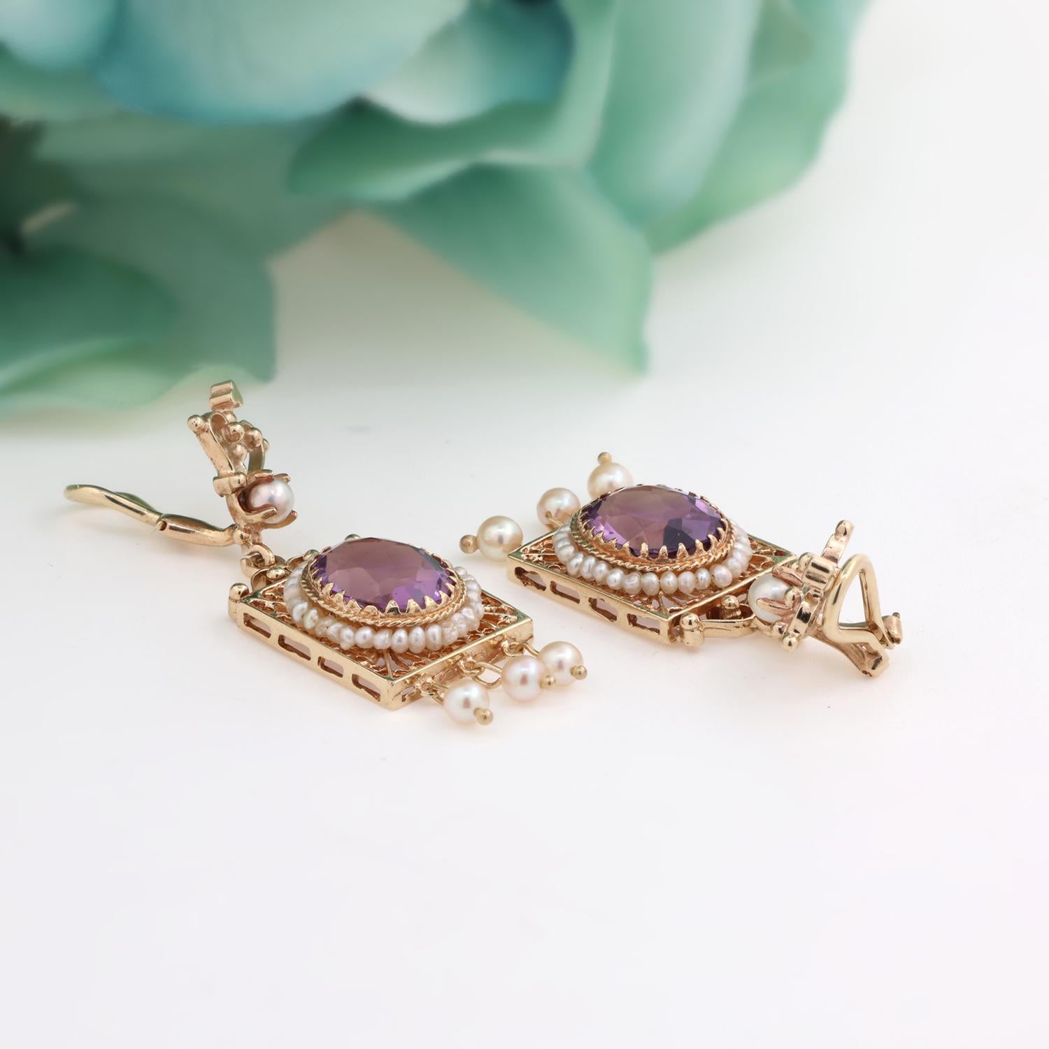 Vintage Amethyst Pearl Filigree Dangle Earrings 14K Yellow Gold 1.65"